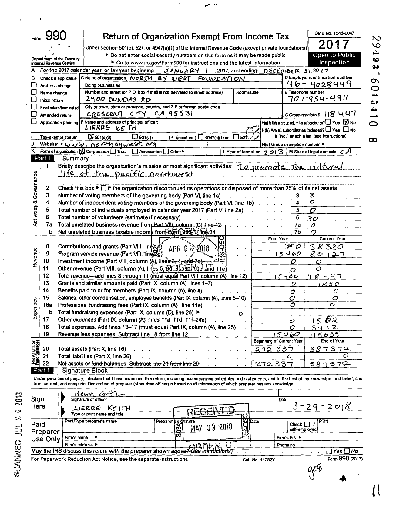 Image of first page of 2017 Form 990 for North By West Foundation