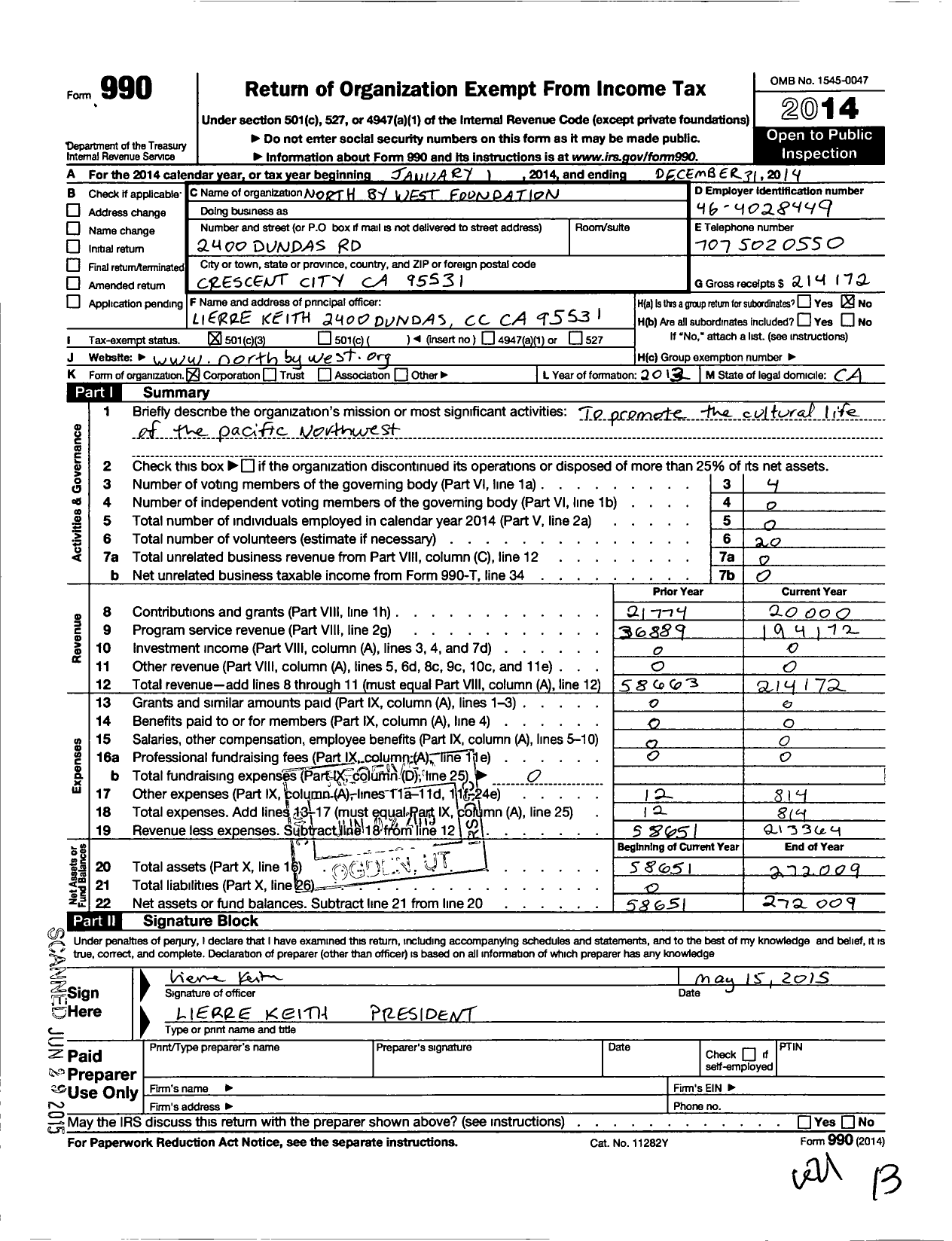 Image of first page of 2014 Form 990 for North By West Foundation