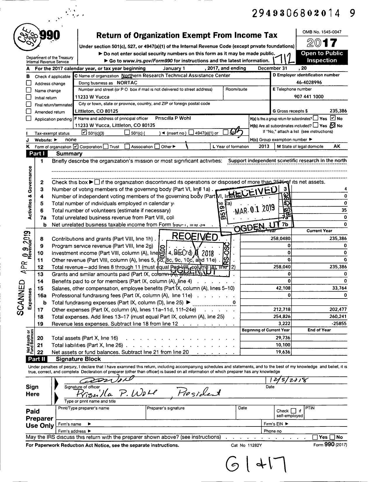 Image of first page of 2017 Form 990 for Northern Research Technical Assistance Center (NORTAC)