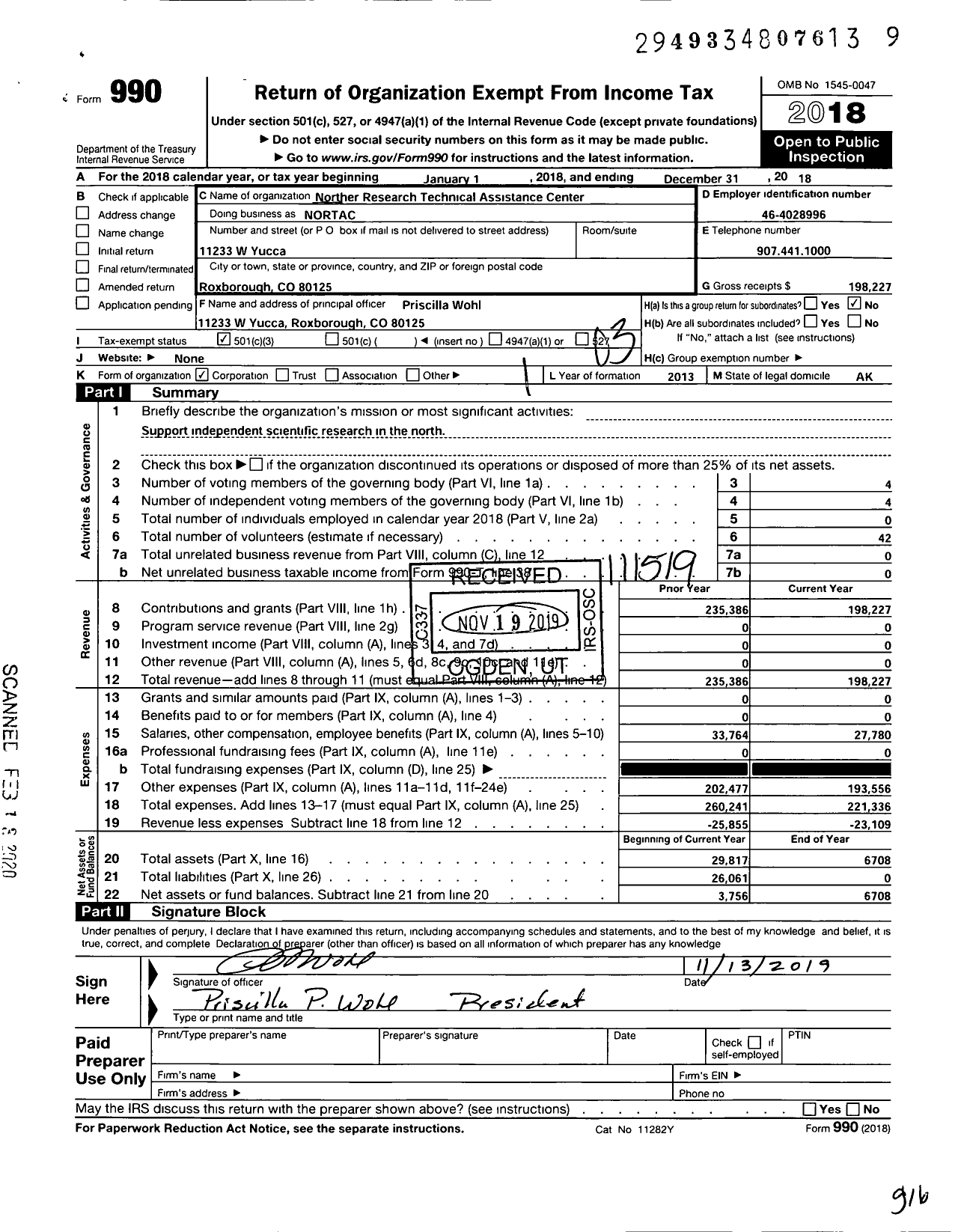 Image of first page of 2018 Form 990 for Northern Research Technical Assistance Center (NORTAC)