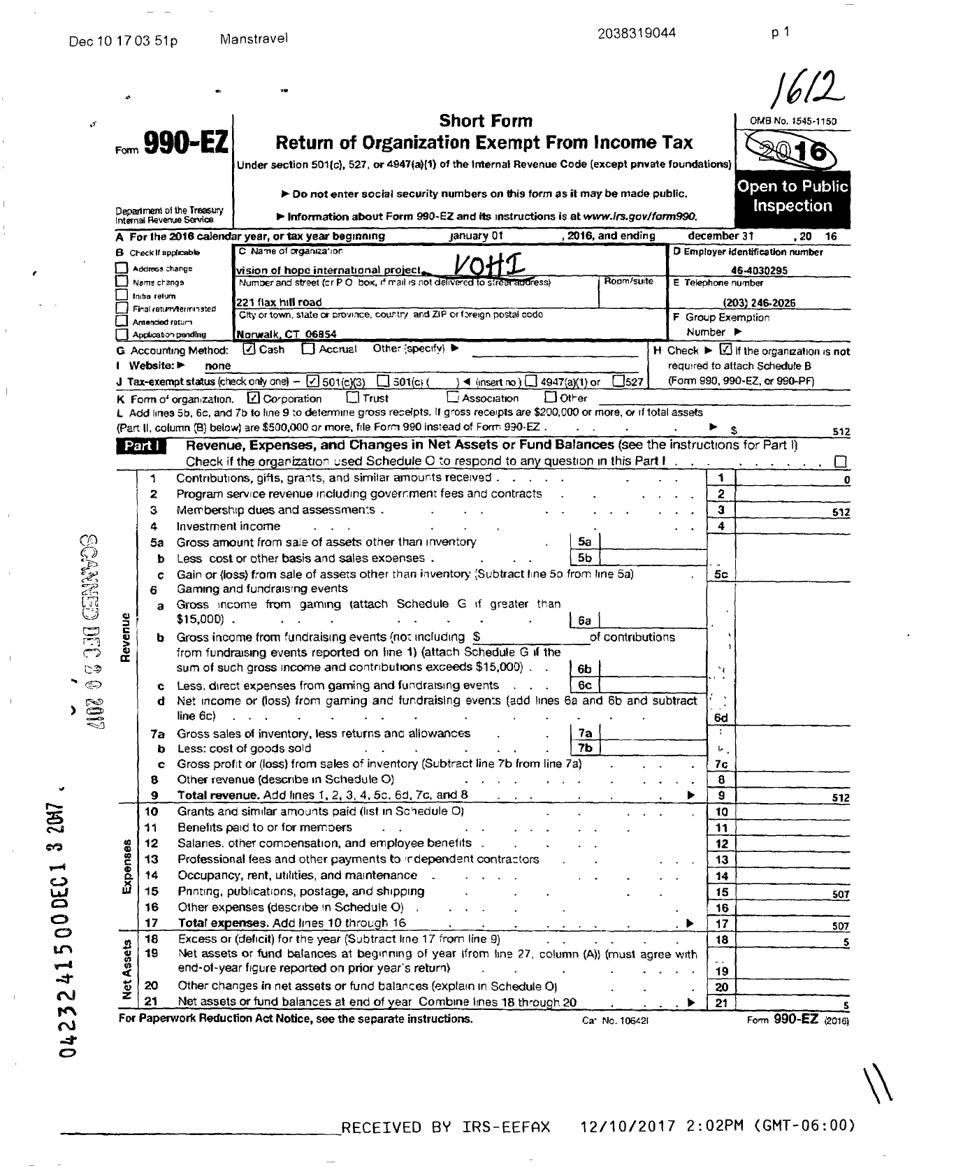 Image of first page of 2016 Form 990EZ for Vision of Hope International Project (VOHIP)