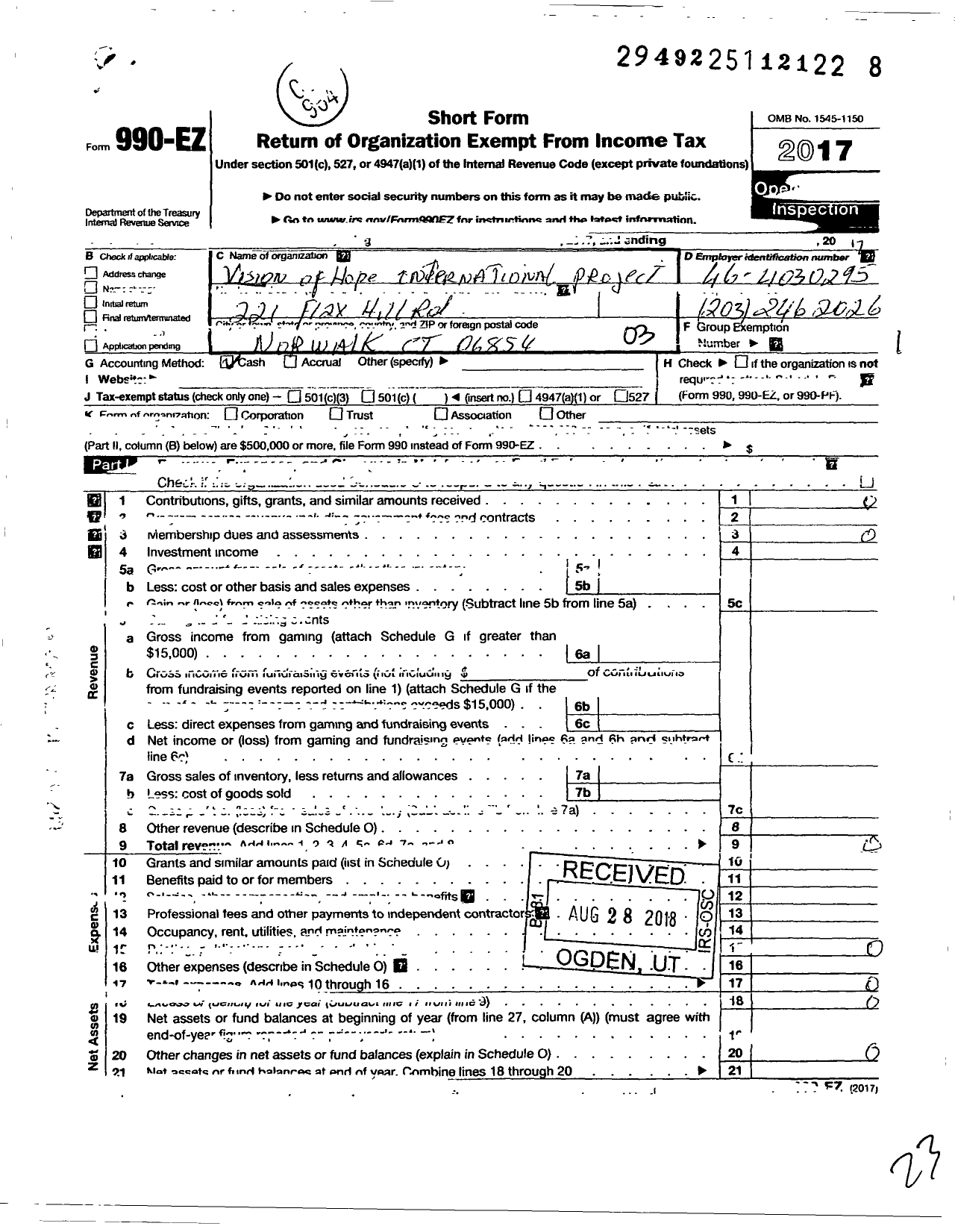 Image of first page of 2017 Form 990EZ for Vision of Hope International Project (VOHIP)