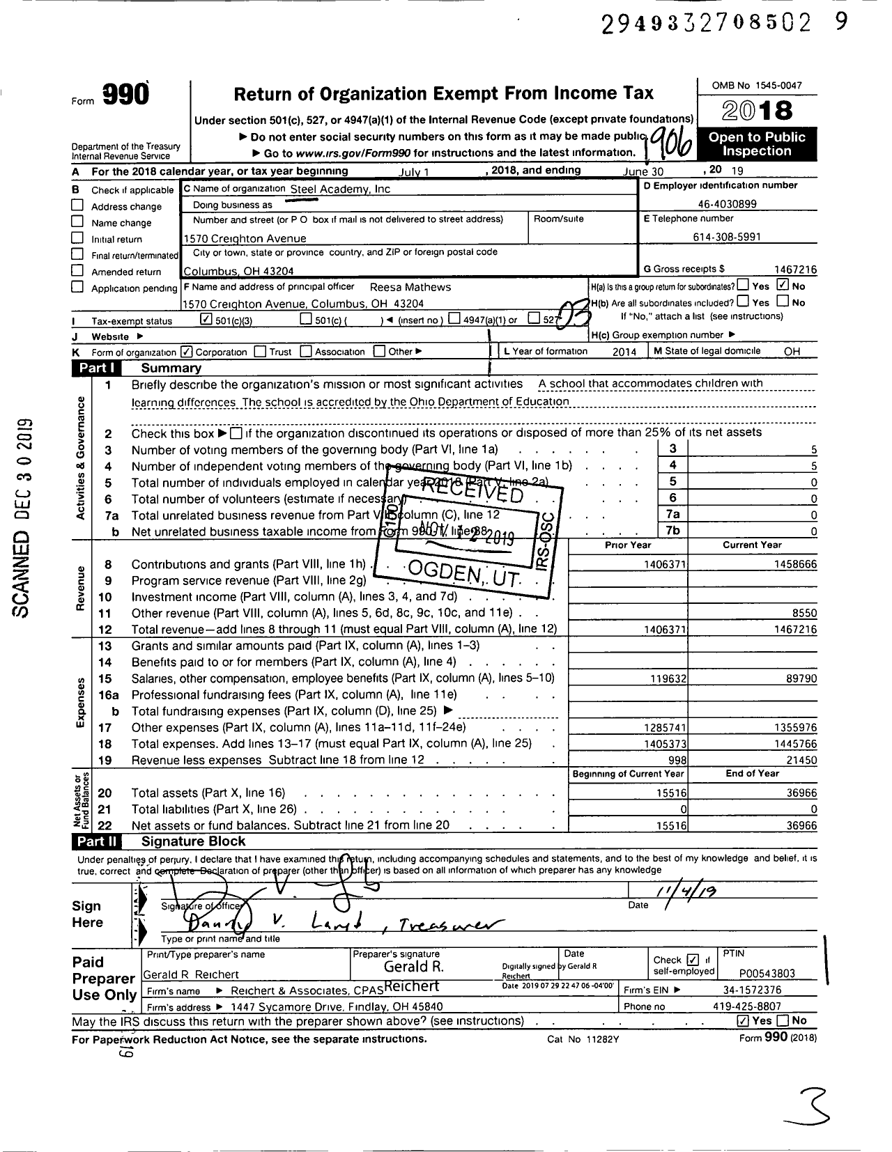 Image of first page of 2018 Form 990 for Steel Academy