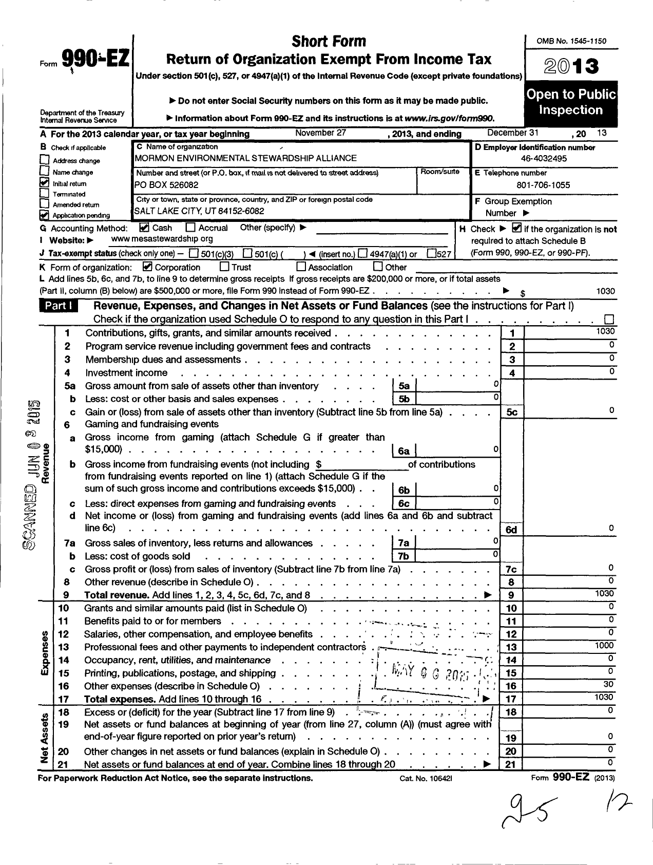 Image of first page of 2013 Form 990EO for Mormon Environmental Stewardship Alliance (MESA)