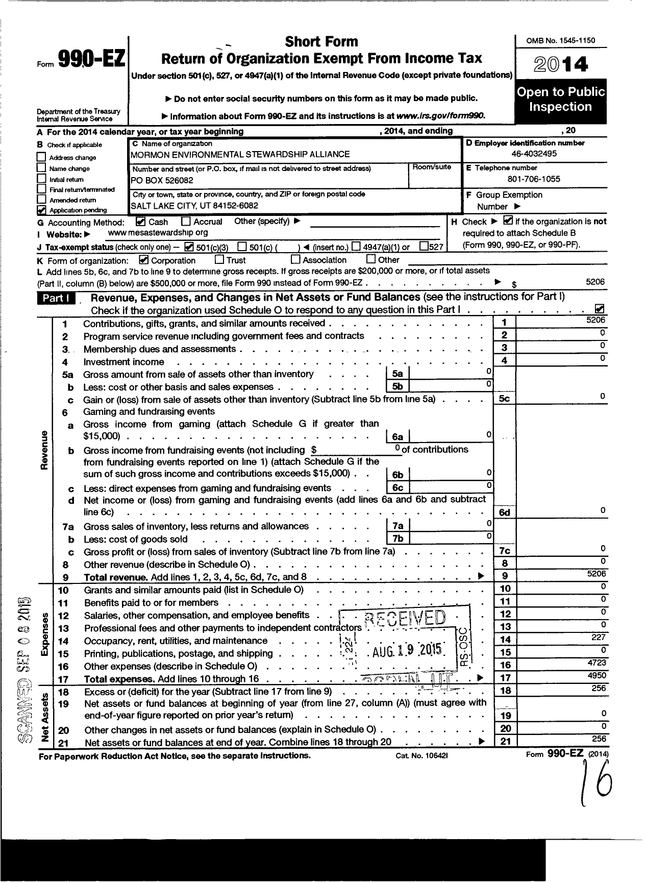 Image of first page of 2014 Form 990EZ for Mormon Environmental Stewardship Alliance (MESA)