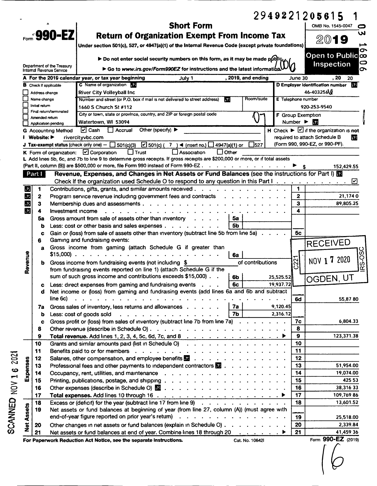 Image of first page of 2019 Form 990EO for River City Volleyball