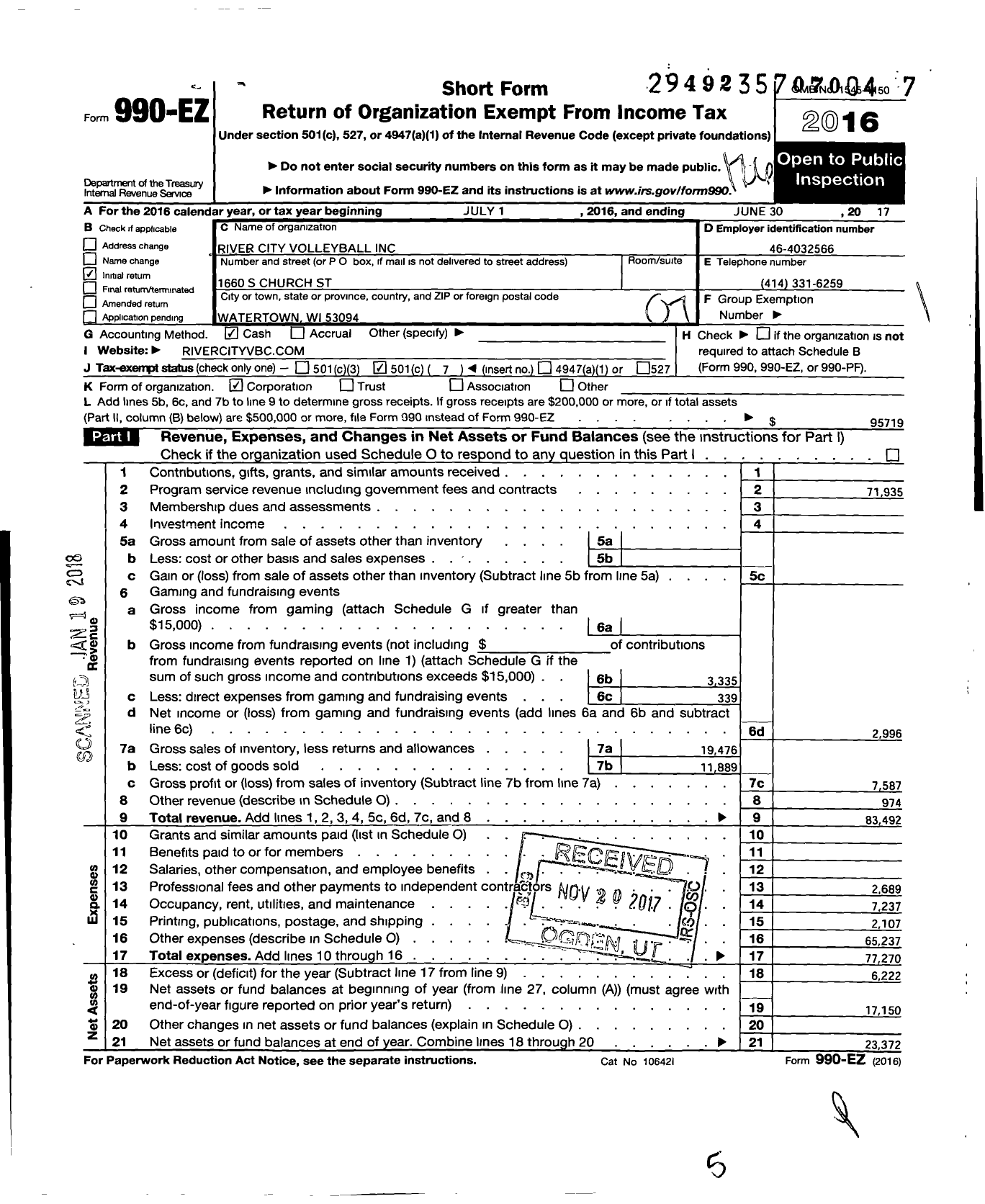 Image of first page of 2016 Form 990EO for River City Volleyball