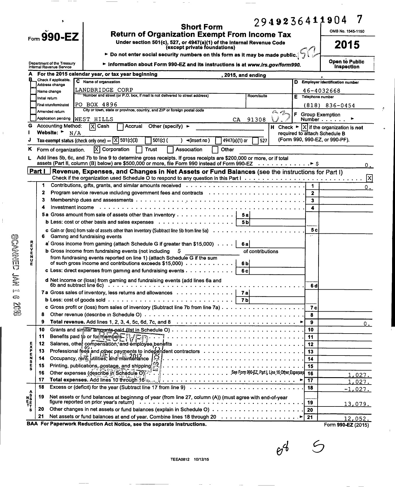 Image of first page of 2015 Form 990EZ for Landbridge Corporation