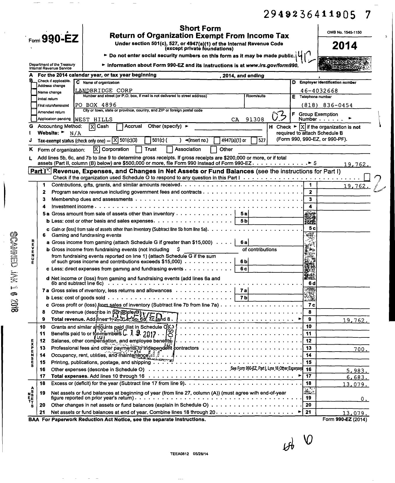 Image of first page of 2014 Form 990EZ for Landbridge Corporation