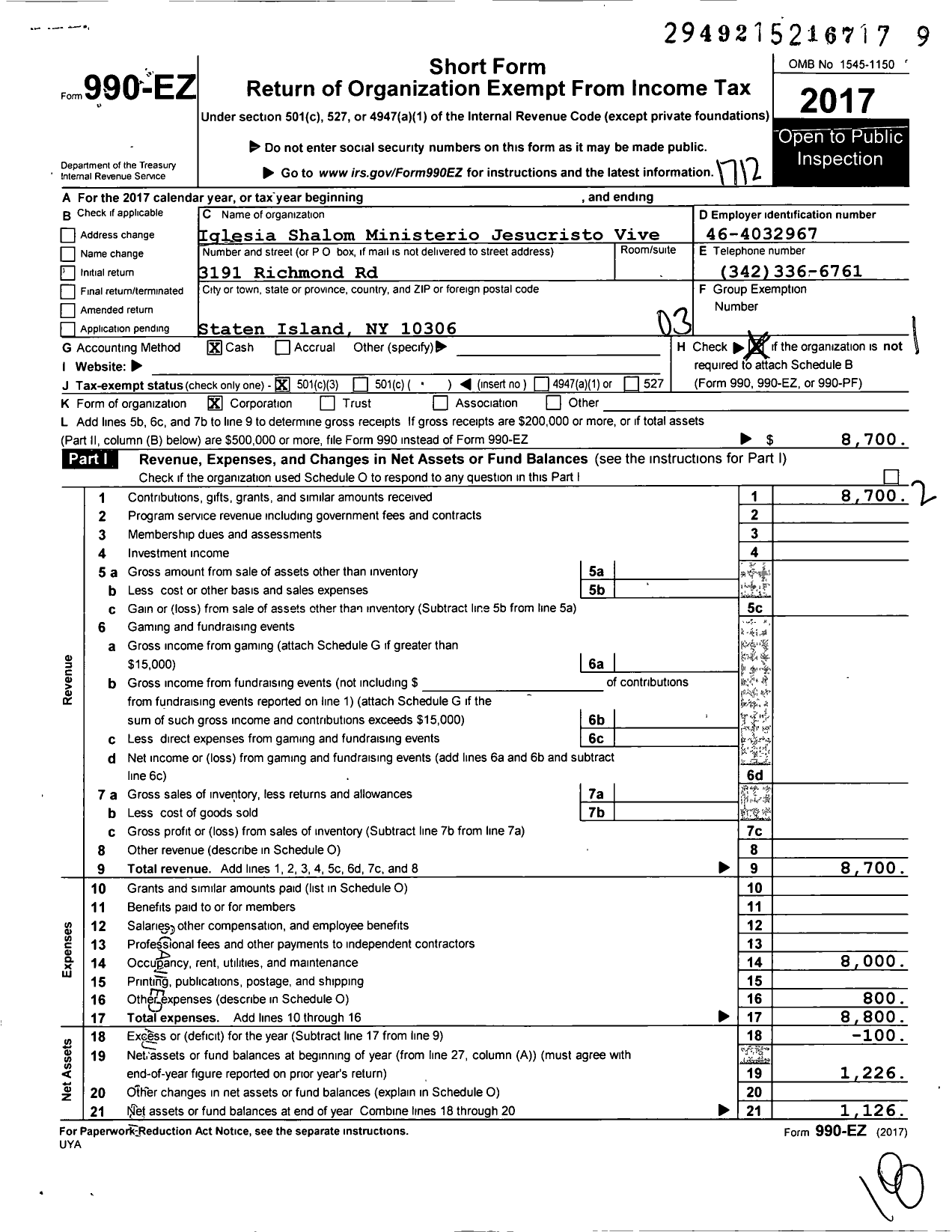 Image of first page of 2017 Form 990EZ for Iglesia Shalom Ministerio Jesucristo Vive