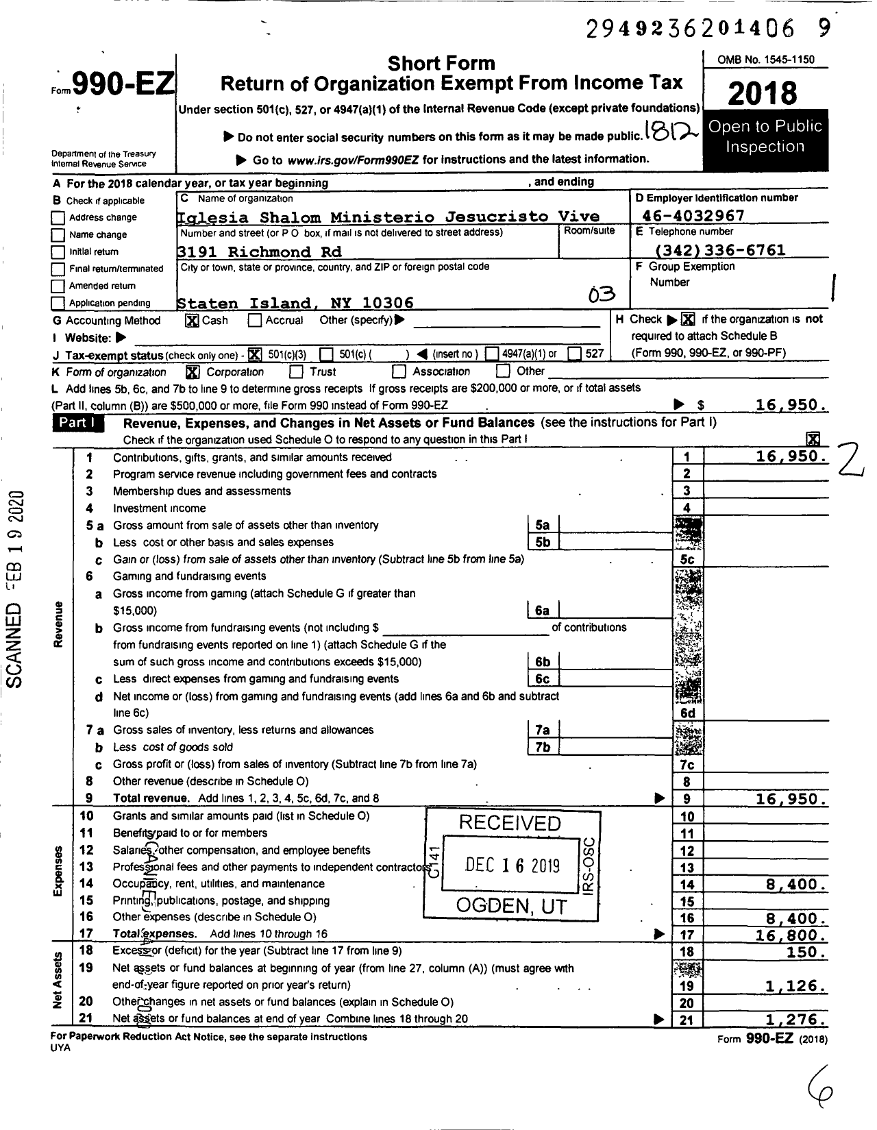 Image of first page of 2018 Form 990EZ for Iglesia Shalom Ministerio Jesucristo Vive