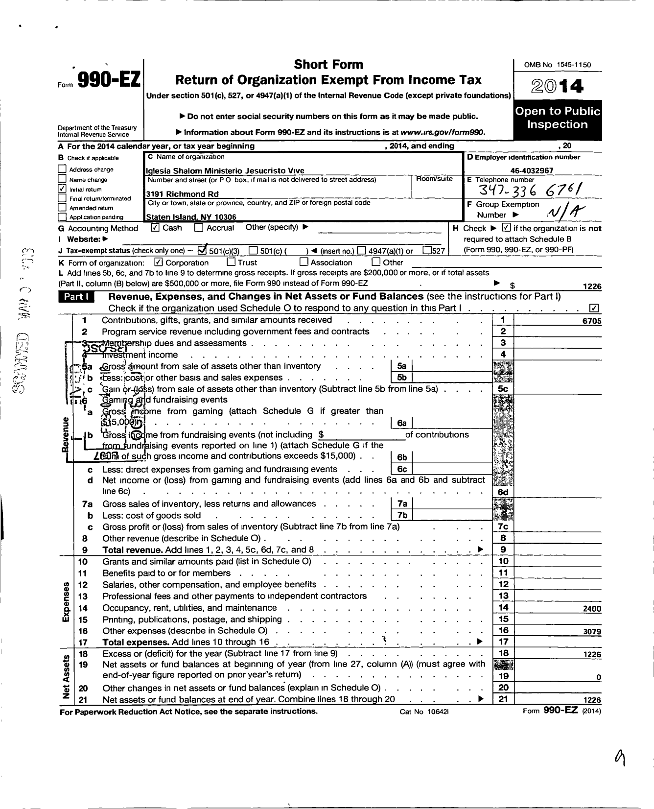 Image of first page of 2014 Form 990EZ for Iglesia Shalom Ministerio Jesucristo Vive