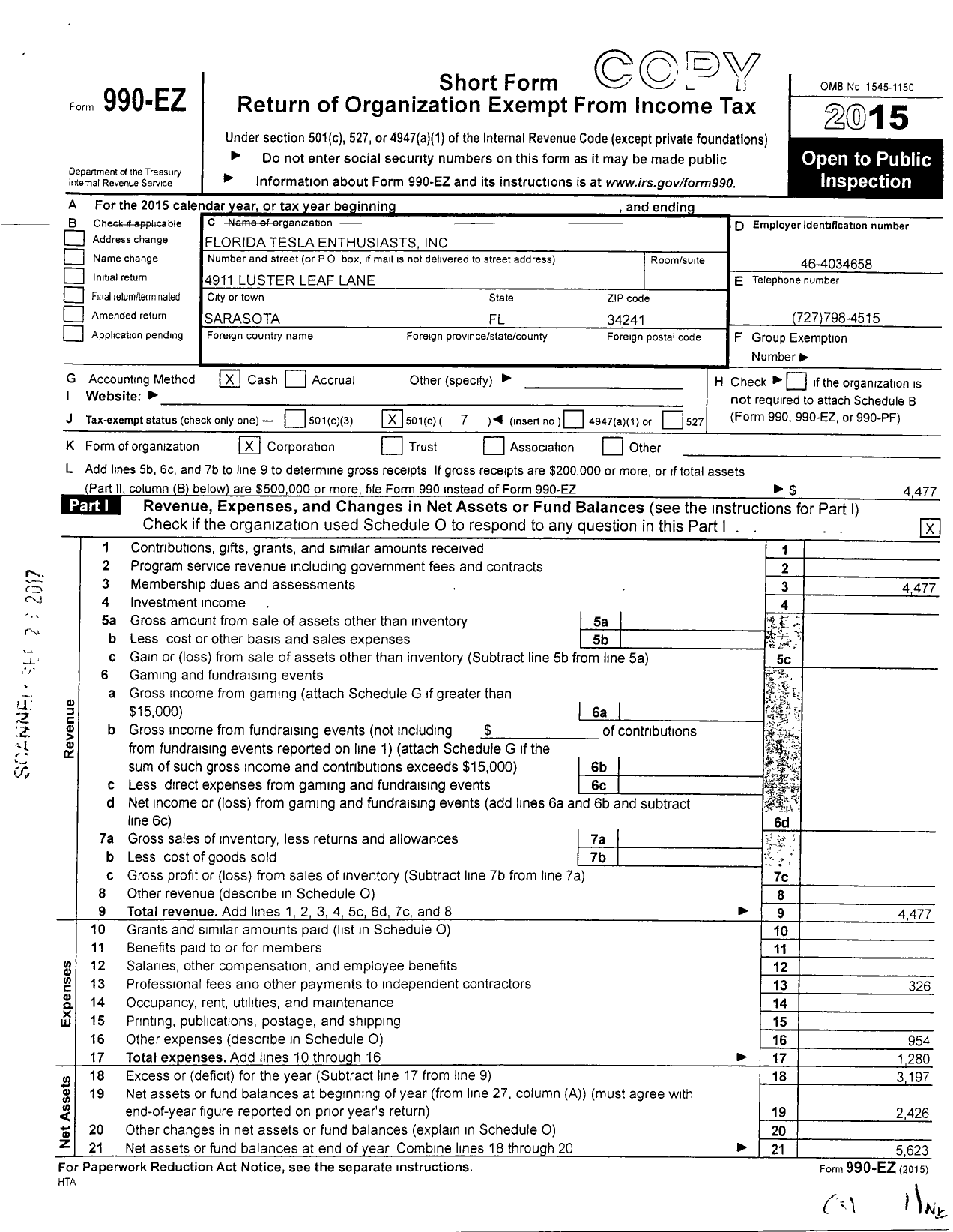 Image of first page of 2015 Form 990EO for Florida Tesla Enthusiasts