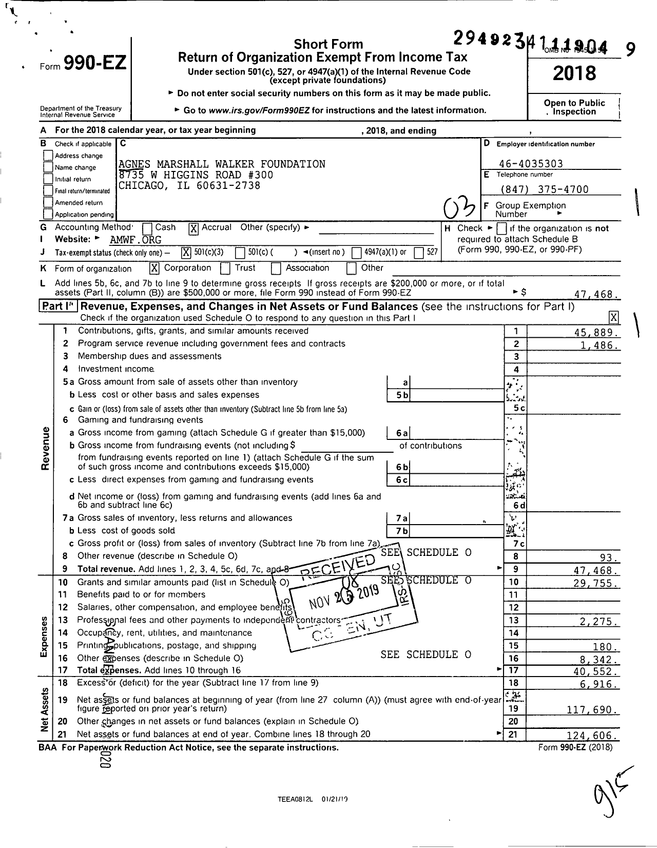 Image of first page of 2018 Form 990EZ for Agnes Marshall Walker Foundation