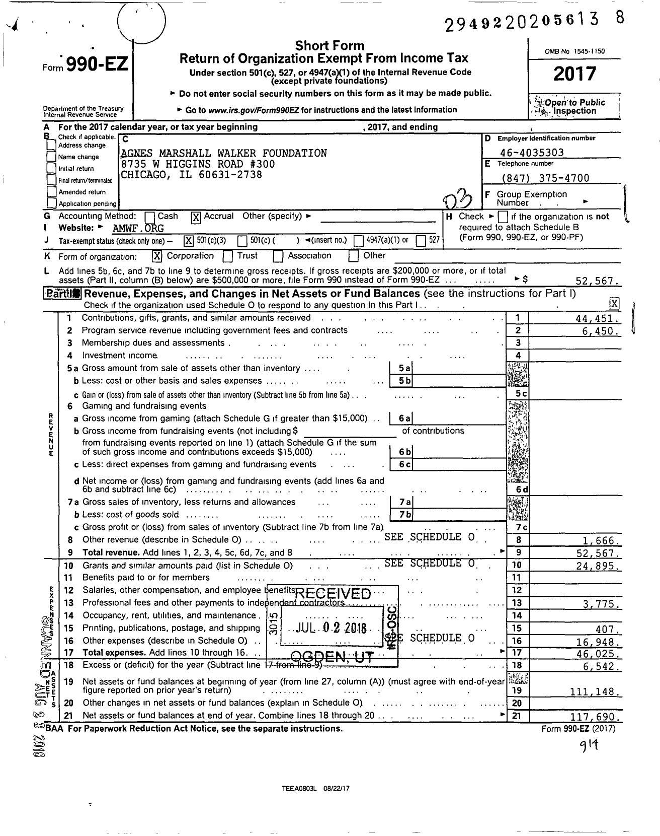 Image of first page of 2017 Form 990EZ for Agnes Marshall Walker Foundation