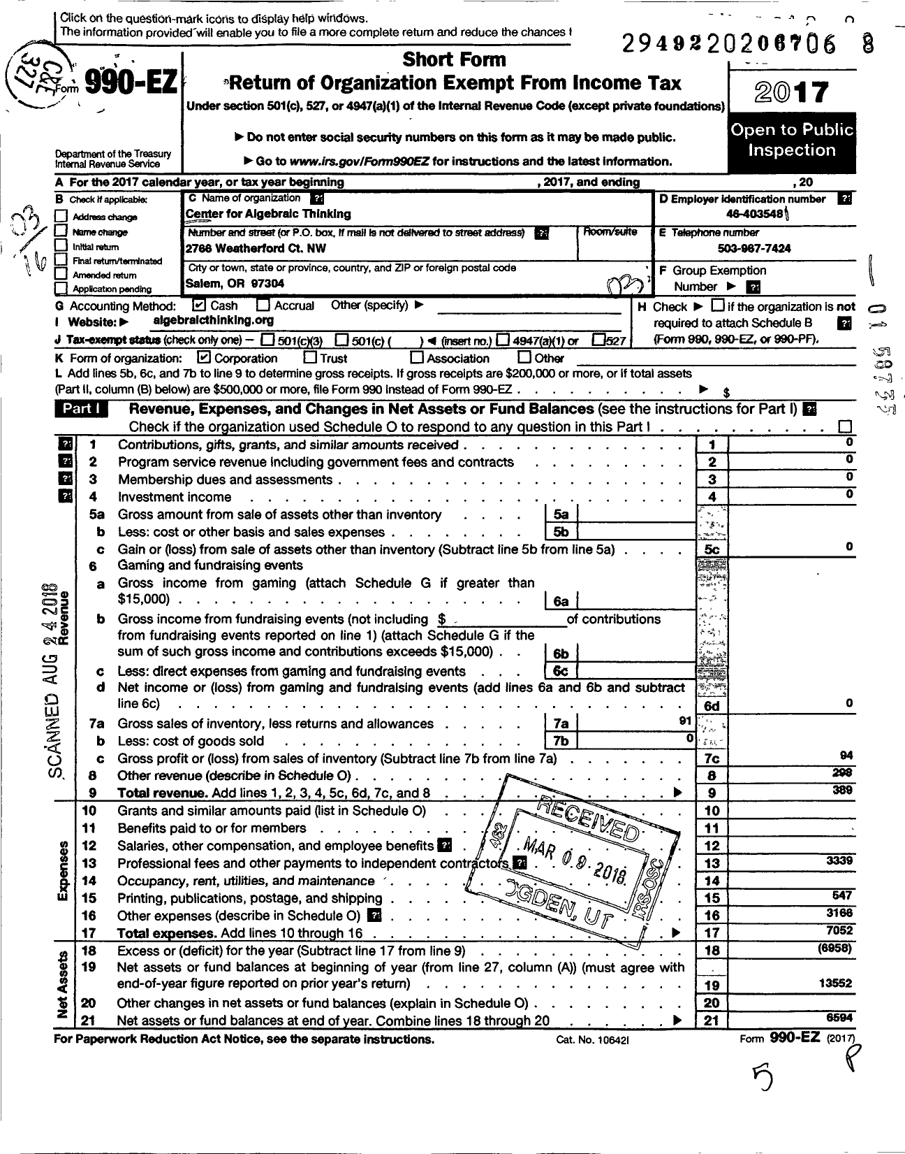 Image of first page of 2017 Form 990EZ for Center for Algebraic Thinking