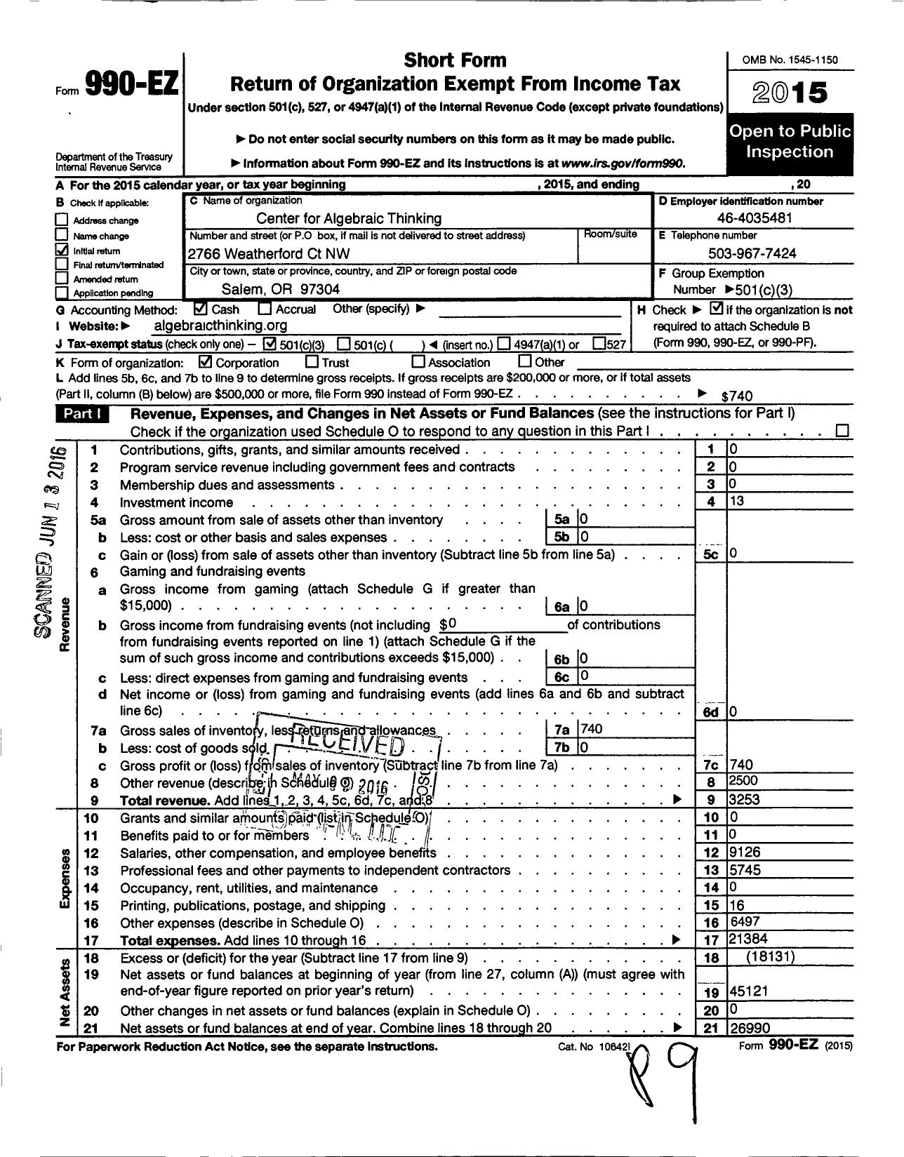 Image of first page of 2015 Form 990EZ for Center for Algebraic Thinking