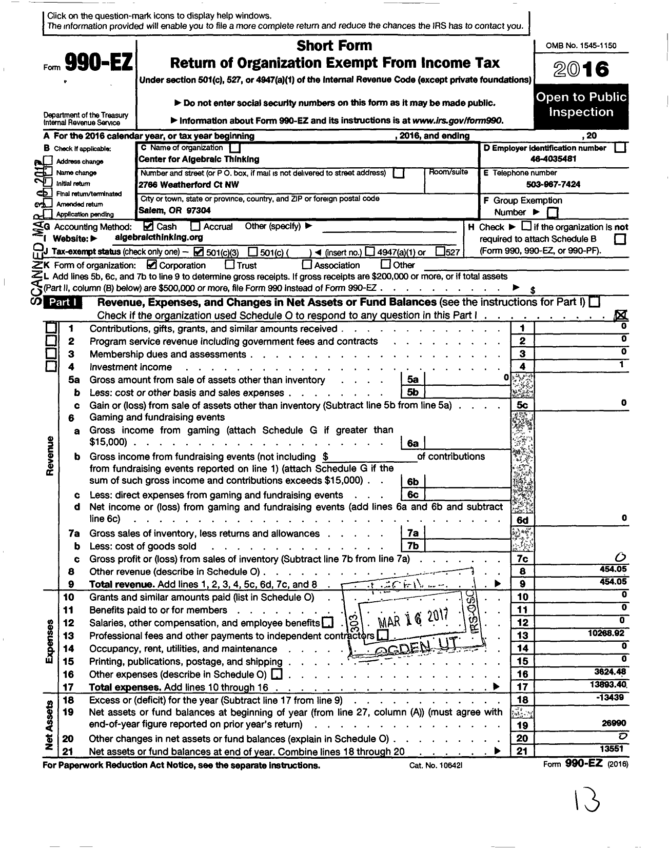 Image of first page of 2016 Form 990EZ for Center for Algebraic Thinking