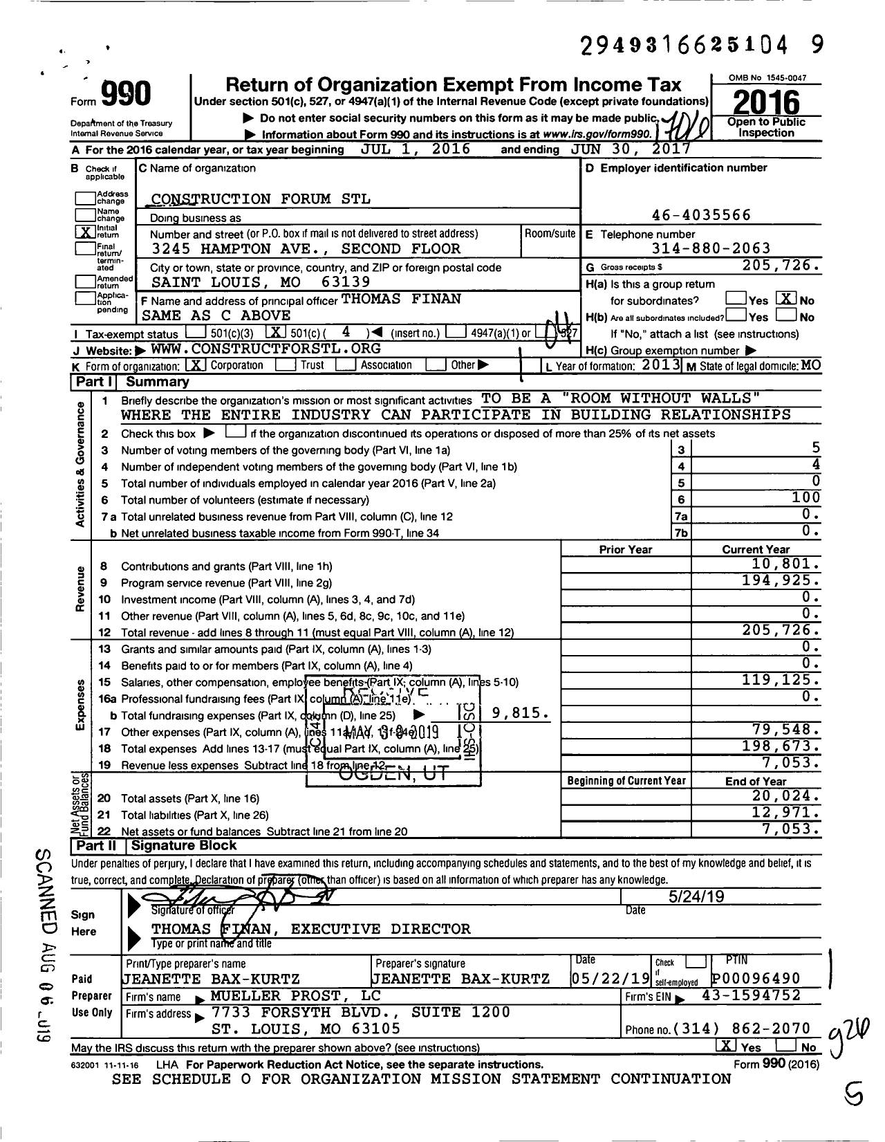 Image of first page of 2016 Form 990O for Construction Forum STL