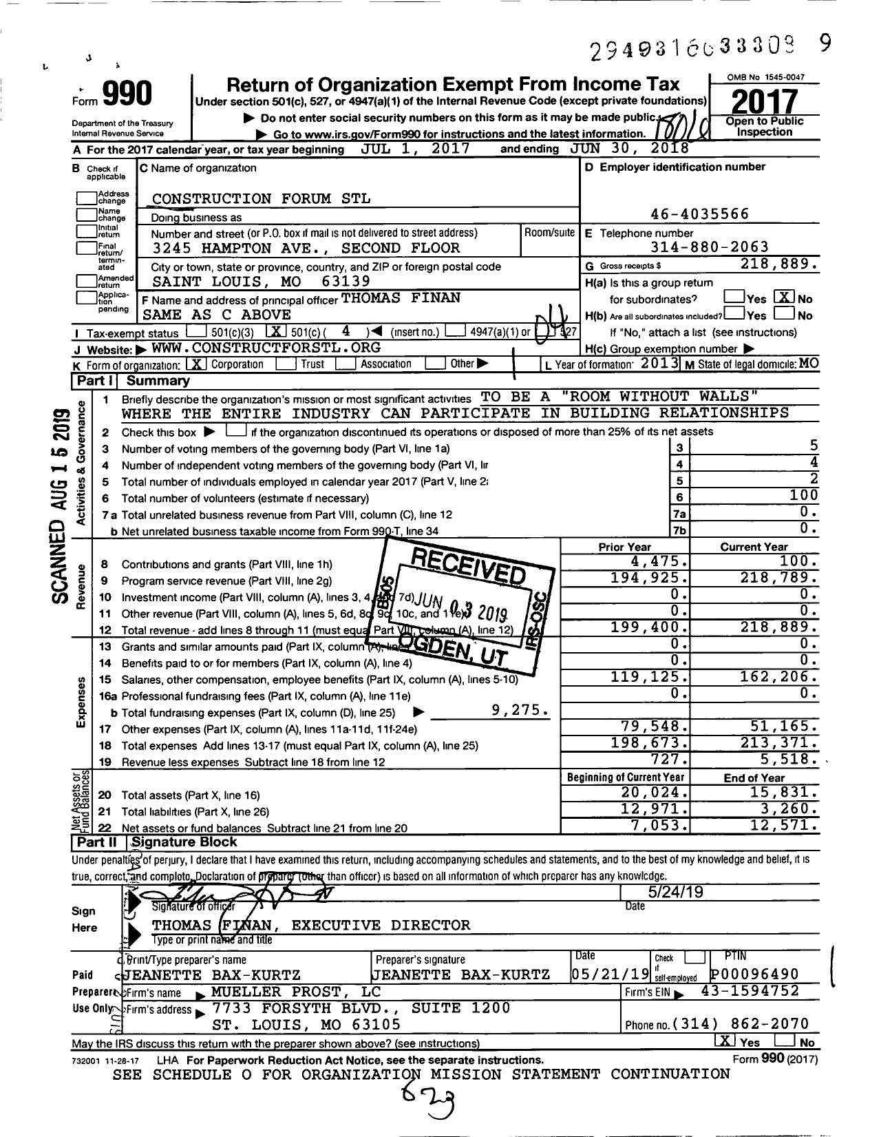 Image of first page of 2017 Form 990O for Construction Forum STL