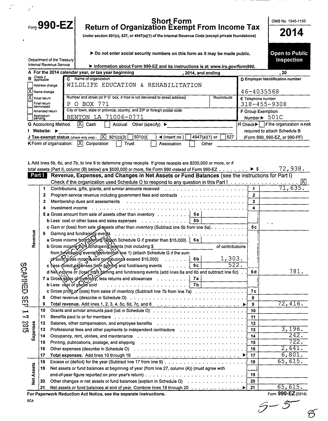 Image of first page of 2014 Form 990EZ for Wildlife Education and Rehabilitation