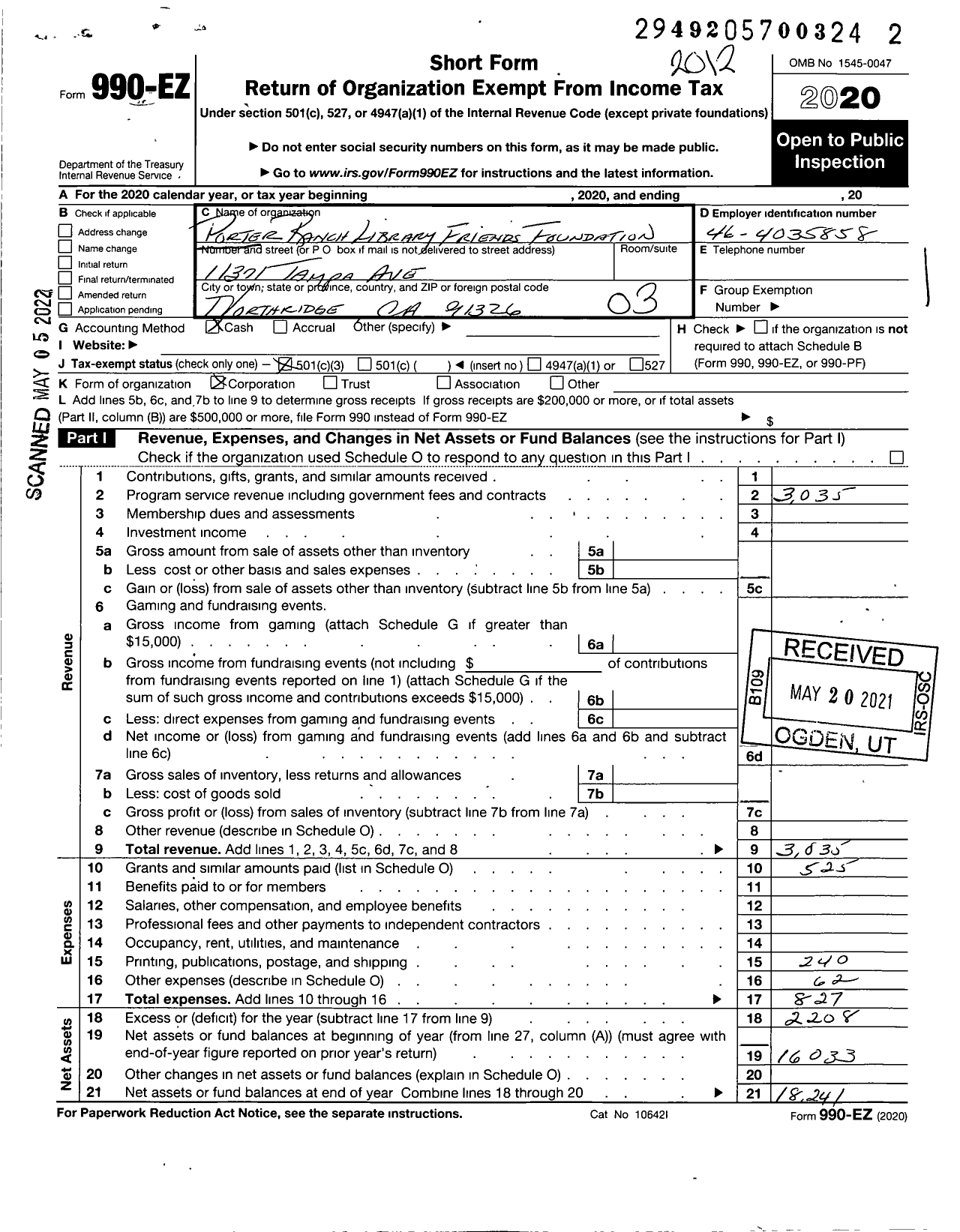 Image of first page of 2020 Form 990EZ for Porter Ranch Library Friends Foundation