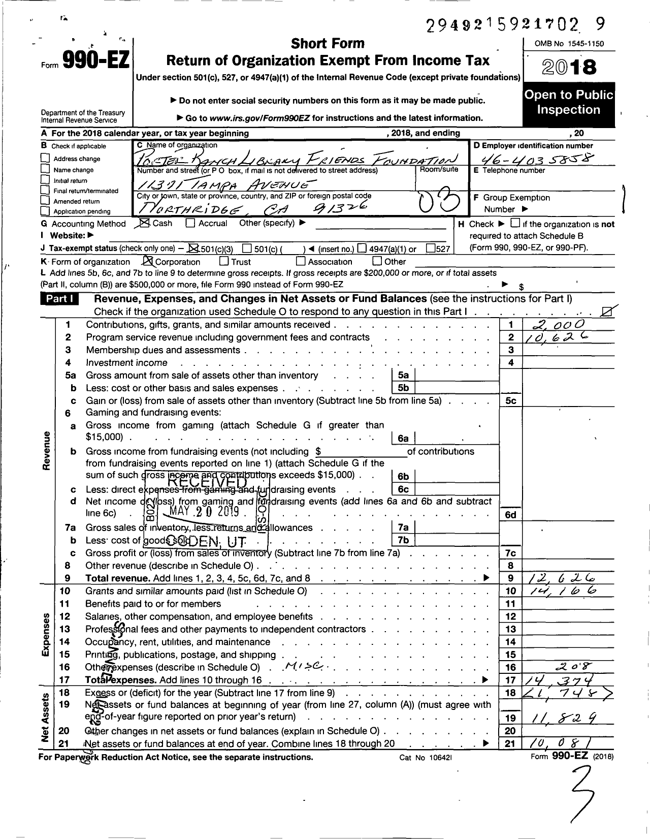 Image of first page of 2018 Form 990EZ for Porter Ranch Library Friends Foundation