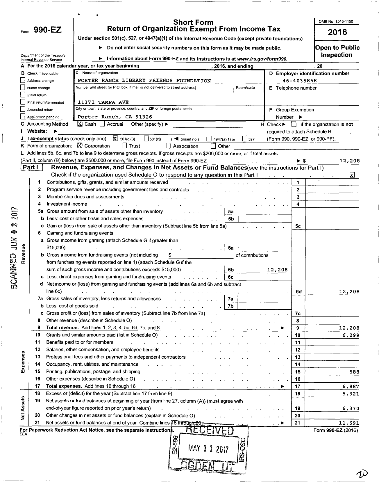 Image of first page of 2016 Form 990EZ for Porter Ranch Library Friends Foundation