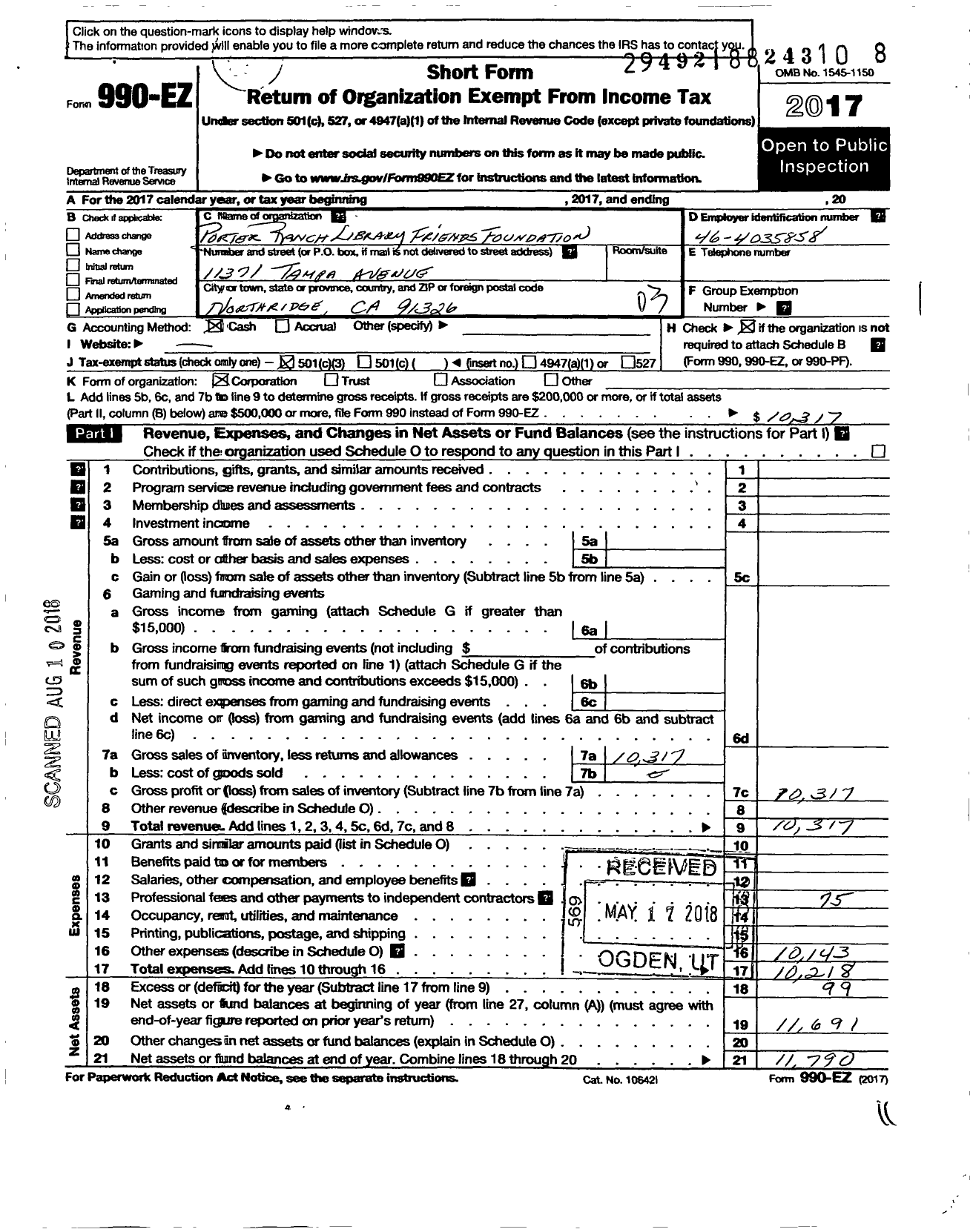 Image of first page of 2017 Form 990EZ for Porter Ranch Library Friends Foundation