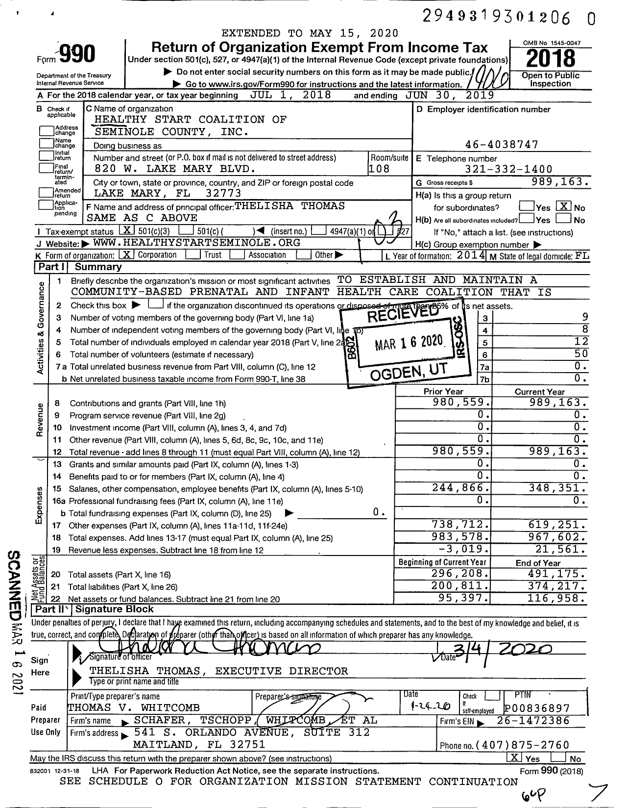 Image of first page of 2018 Form 990 for Healthy Start Coalition of Seminole County