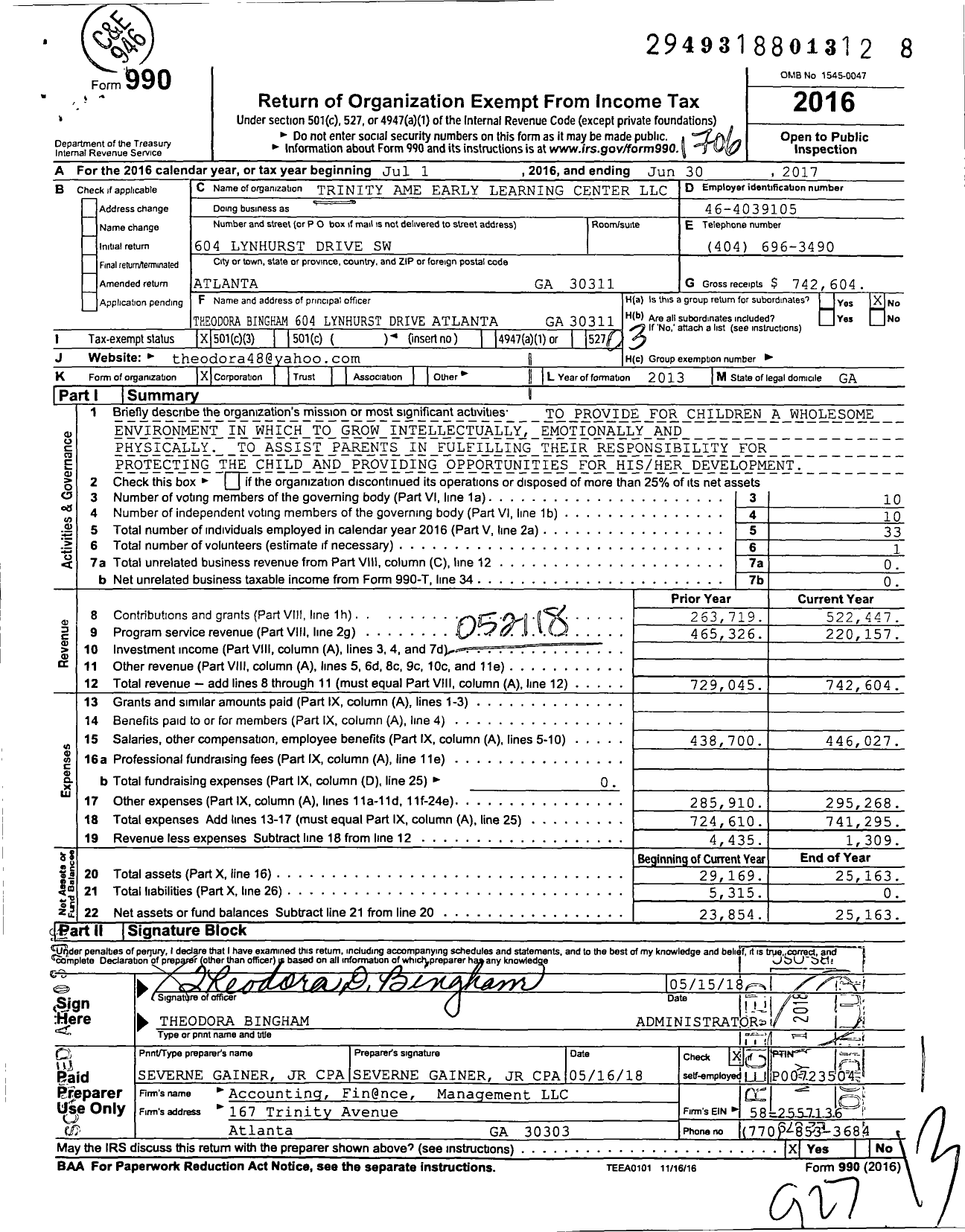 Image of first page of 2016 Form 990 for Trinity Ame Early Learning Center LLC