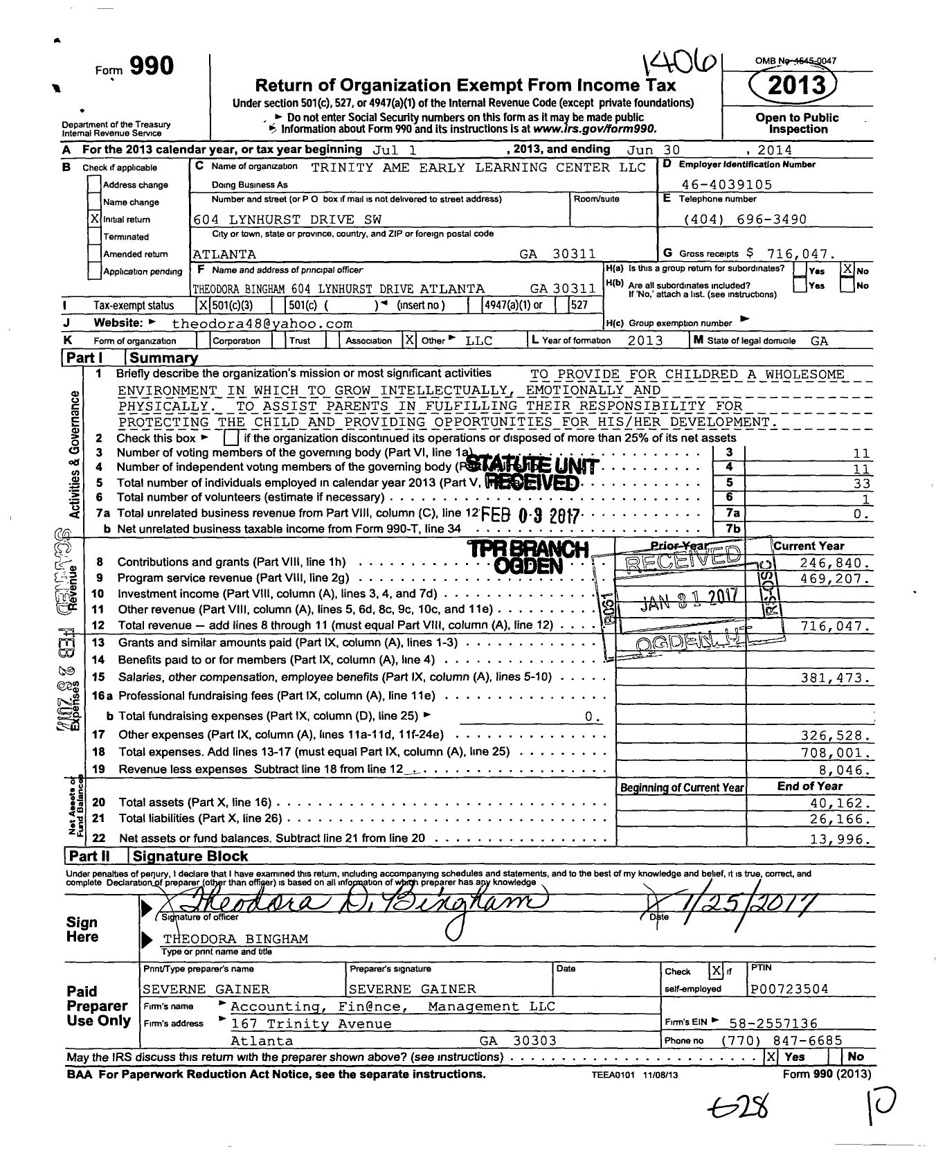 Image of first page of 2013 Form 990 for Trinity Ame Early Learning Center LLC