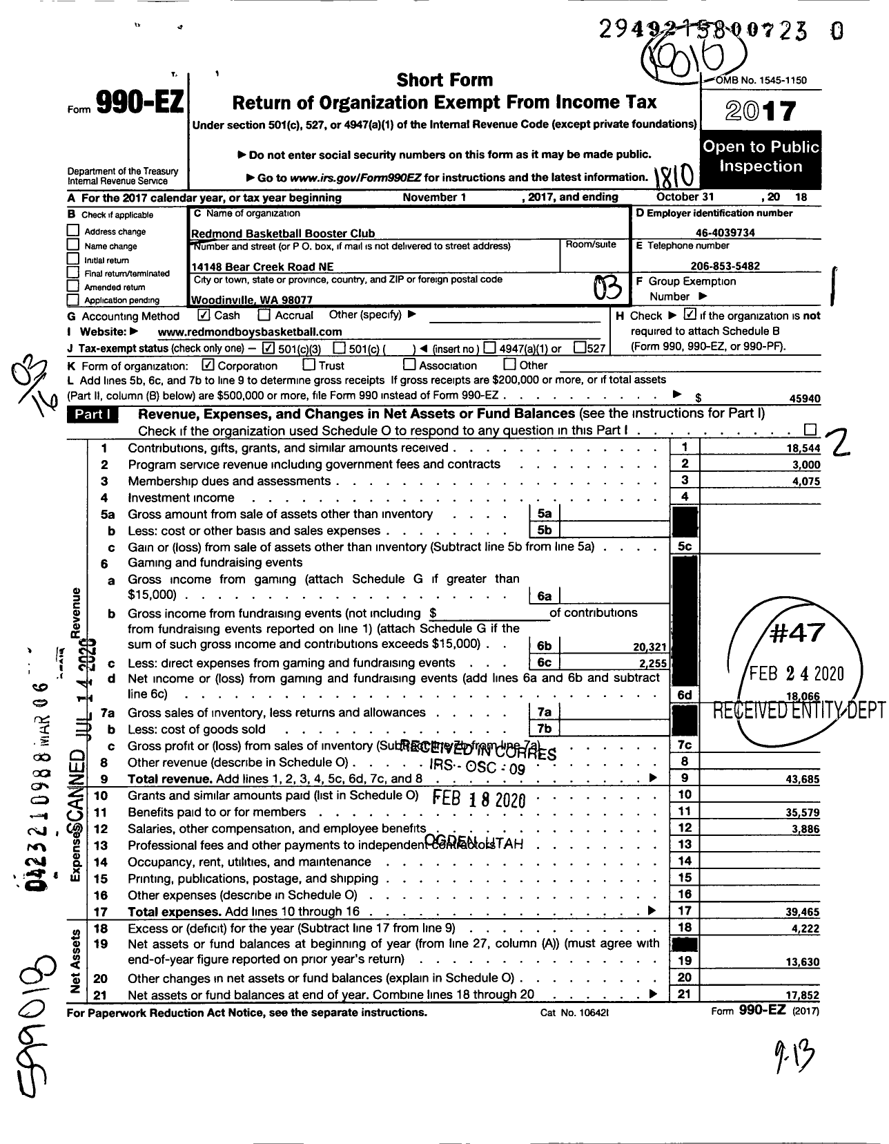 Image of first page of 2017 Form 990EZ for Redmond Basketball Booster Club