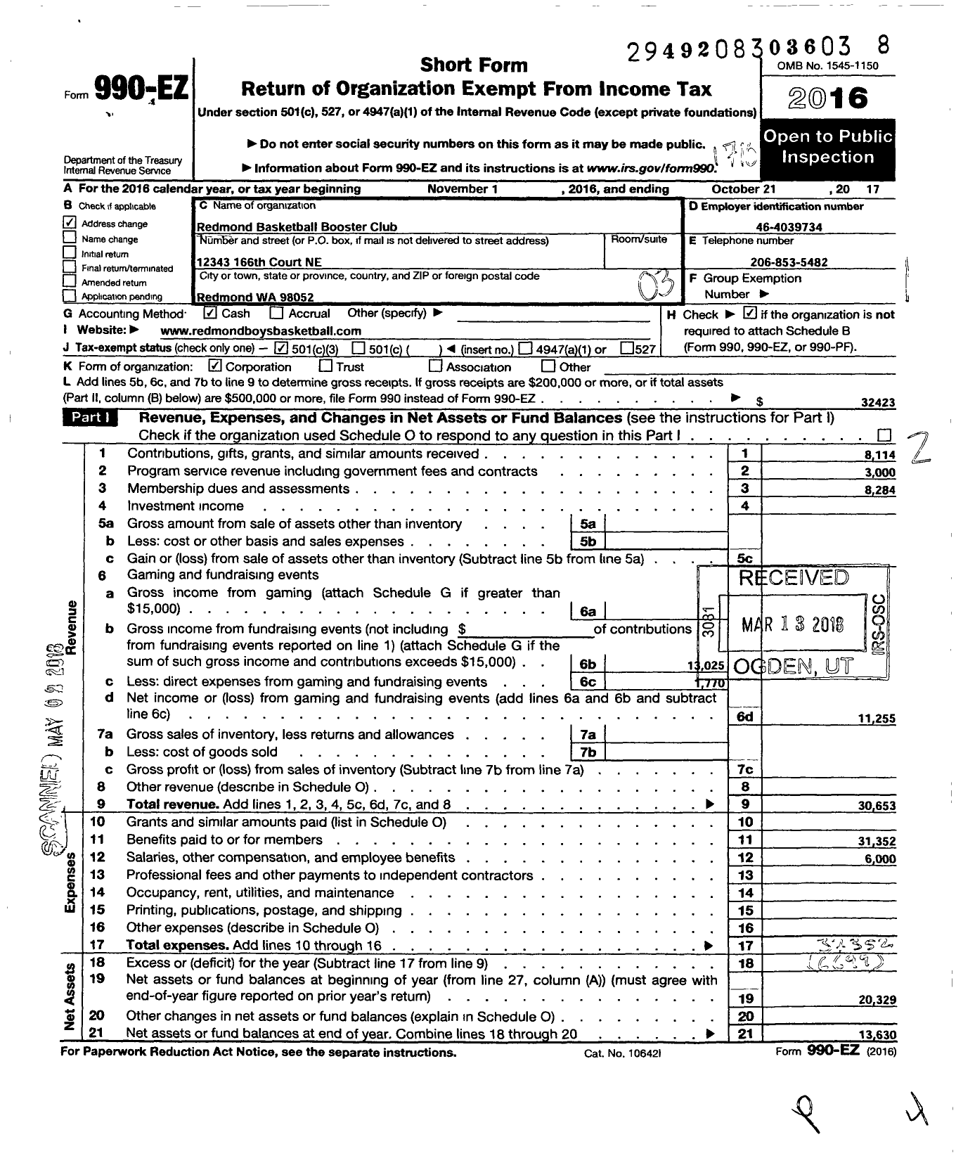 Image of first page of 2016 Form 990EZ for Redmond Basketball Booster Club