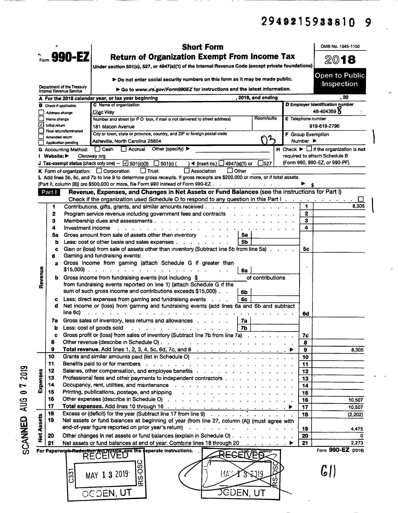 Image of first page of 2018 Form 990EZ for Civic Way
