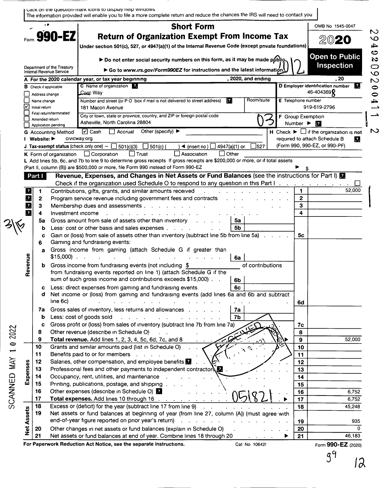 Image of first page of 2020 Form 990EZ for Civic Way