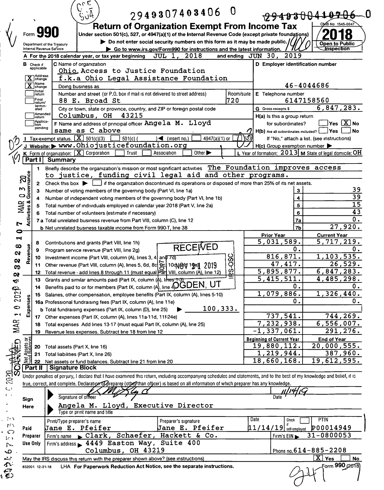 Image of first page of 2018 Form 990 for Ohio Access to Justice Foundation (OLAF)
