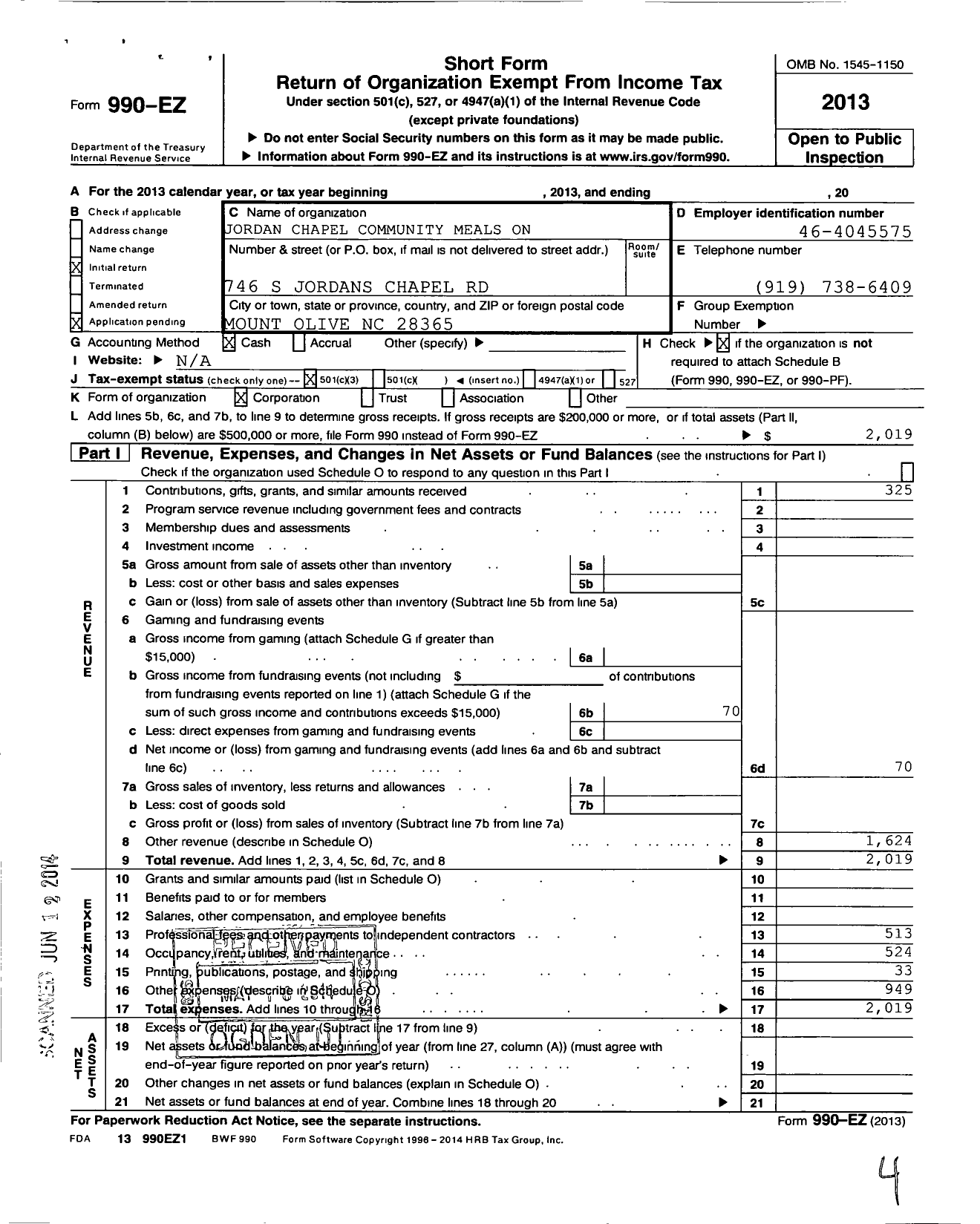 Image of first page of 2013 Form 990EZ for Jordan Chapel Community Meals on Wheels in North Carolina