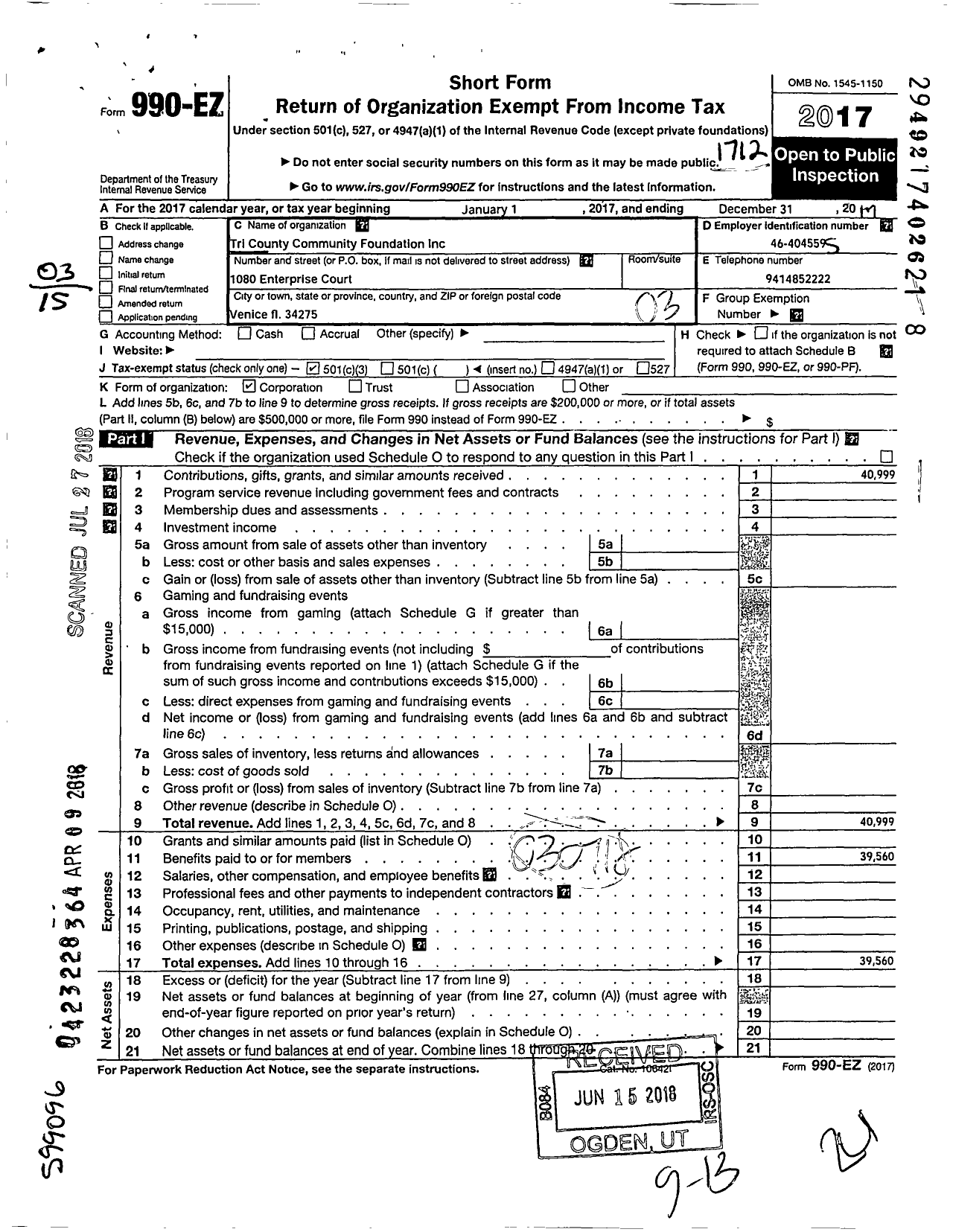 Image of first page of 2017 Form 990EZ for Tri County Community Foundation