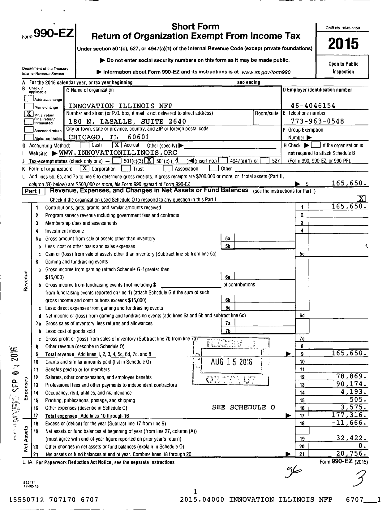 Image of first page of 2015 Form 990EO for Innovation Illinois NFP