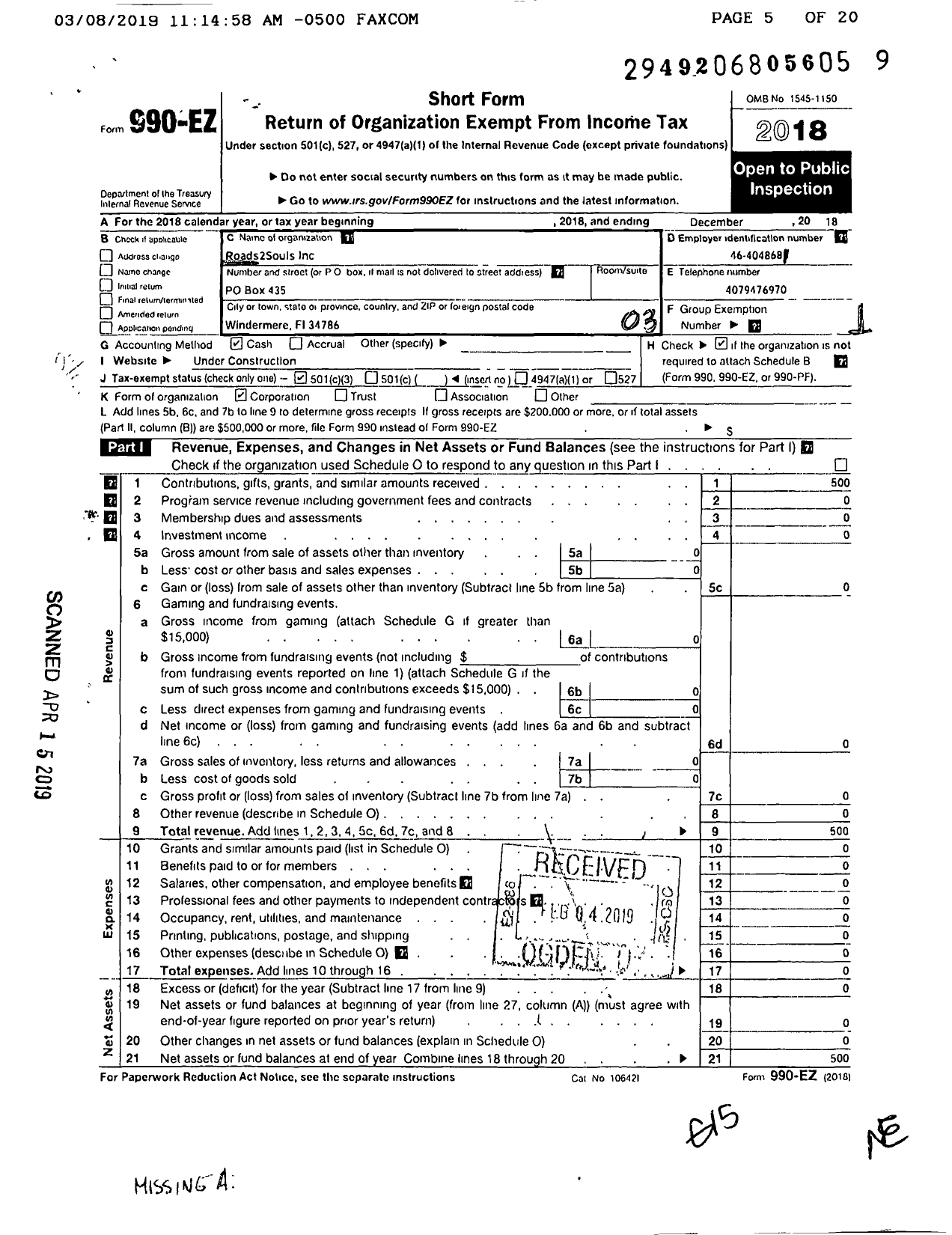 Image of first page of 2018 Form 990EZ for Roads2souls