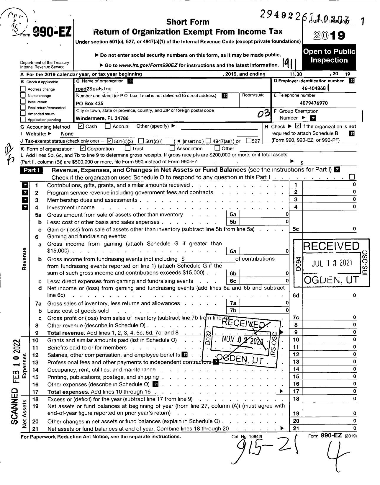 Image of first page of 2018 Form 990EZ for Roads2souls