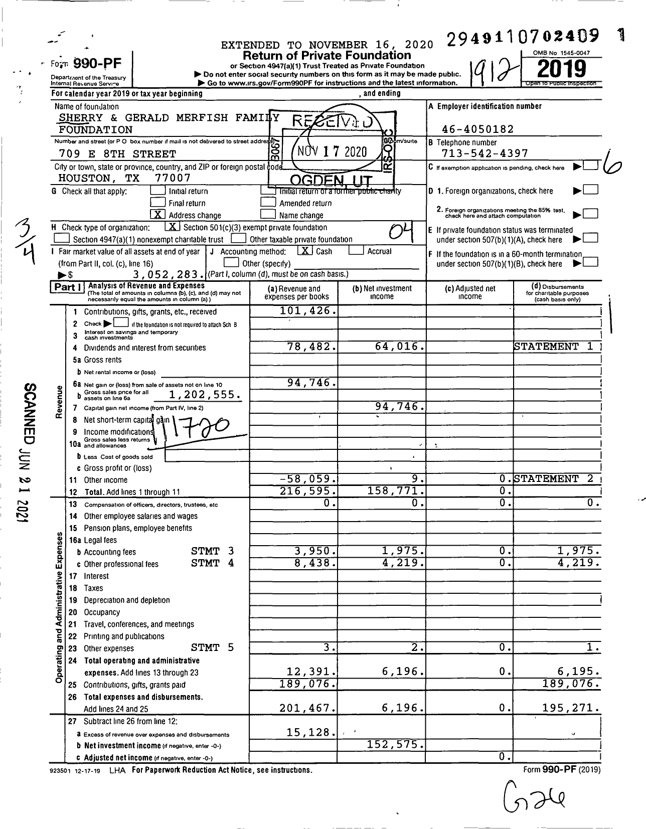 Image of first page of 2019 Form 990PF for Sherry and Gerald Merfish Family Foundation