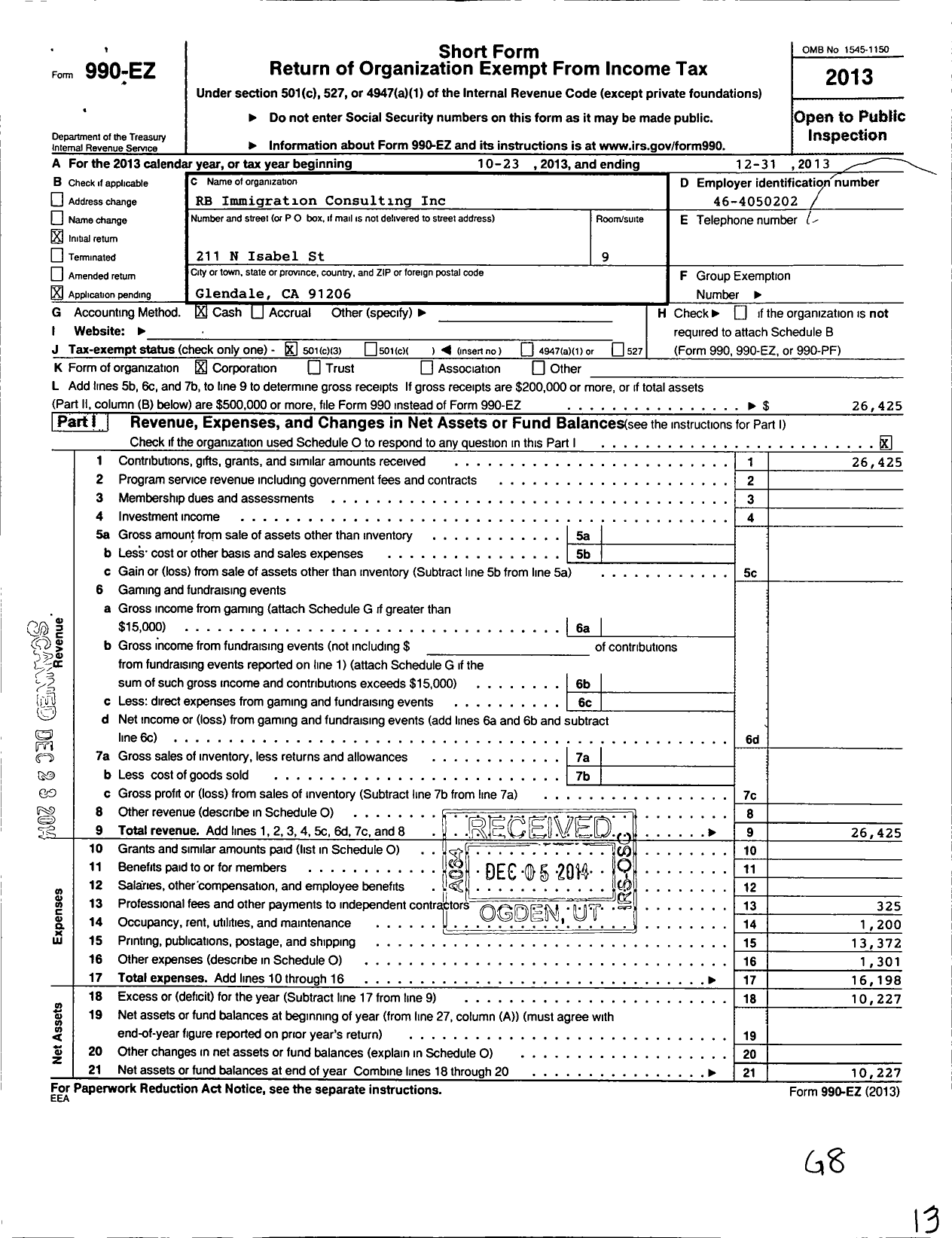 Image of first page of 2013 Form 990EZ for RB Immigration Consulting