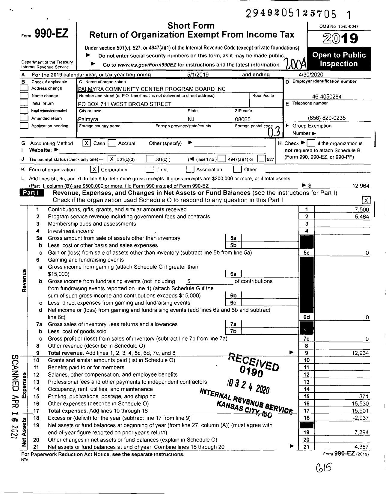 Image of first page of 2019 Form 990EZ for Palmyra Community Center Program Board