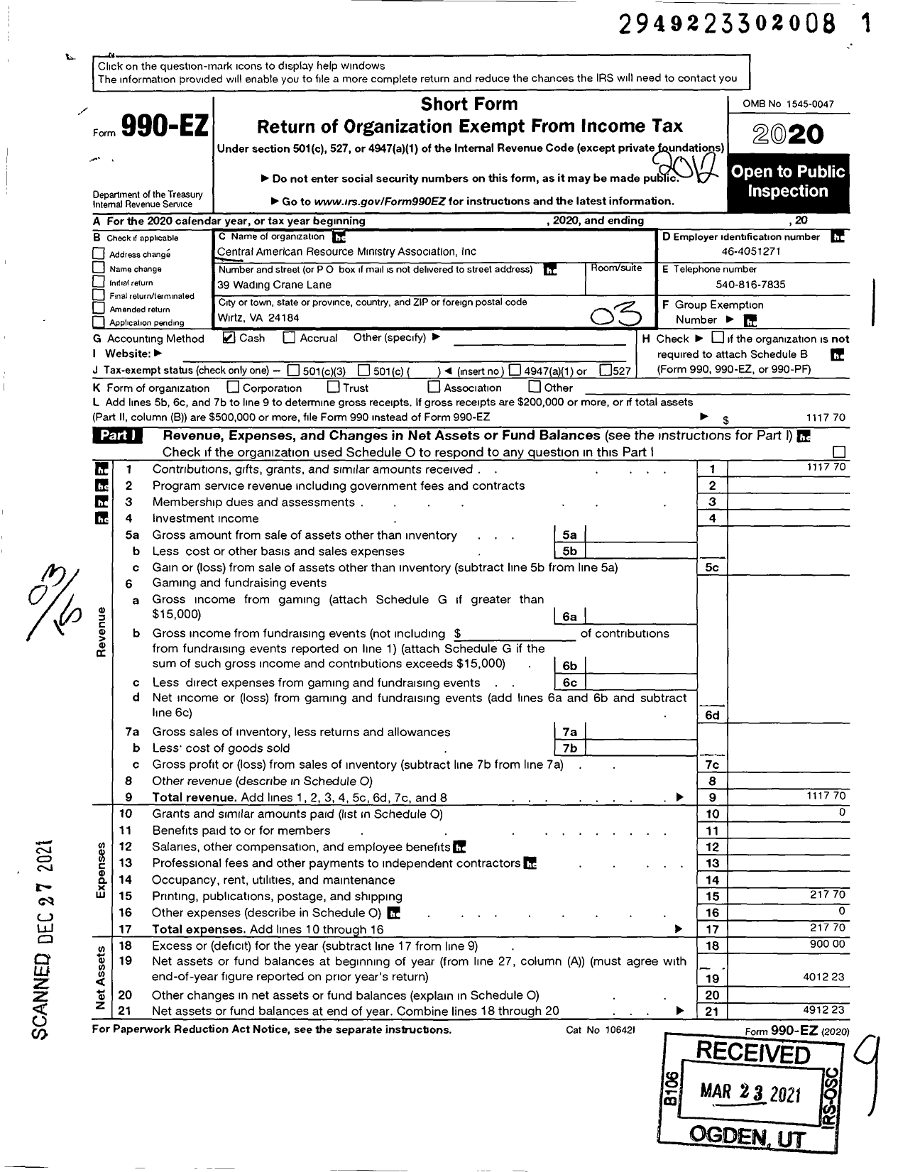 Image of first page of 2020 Form 990EZ for Central American Resource Ministry Association