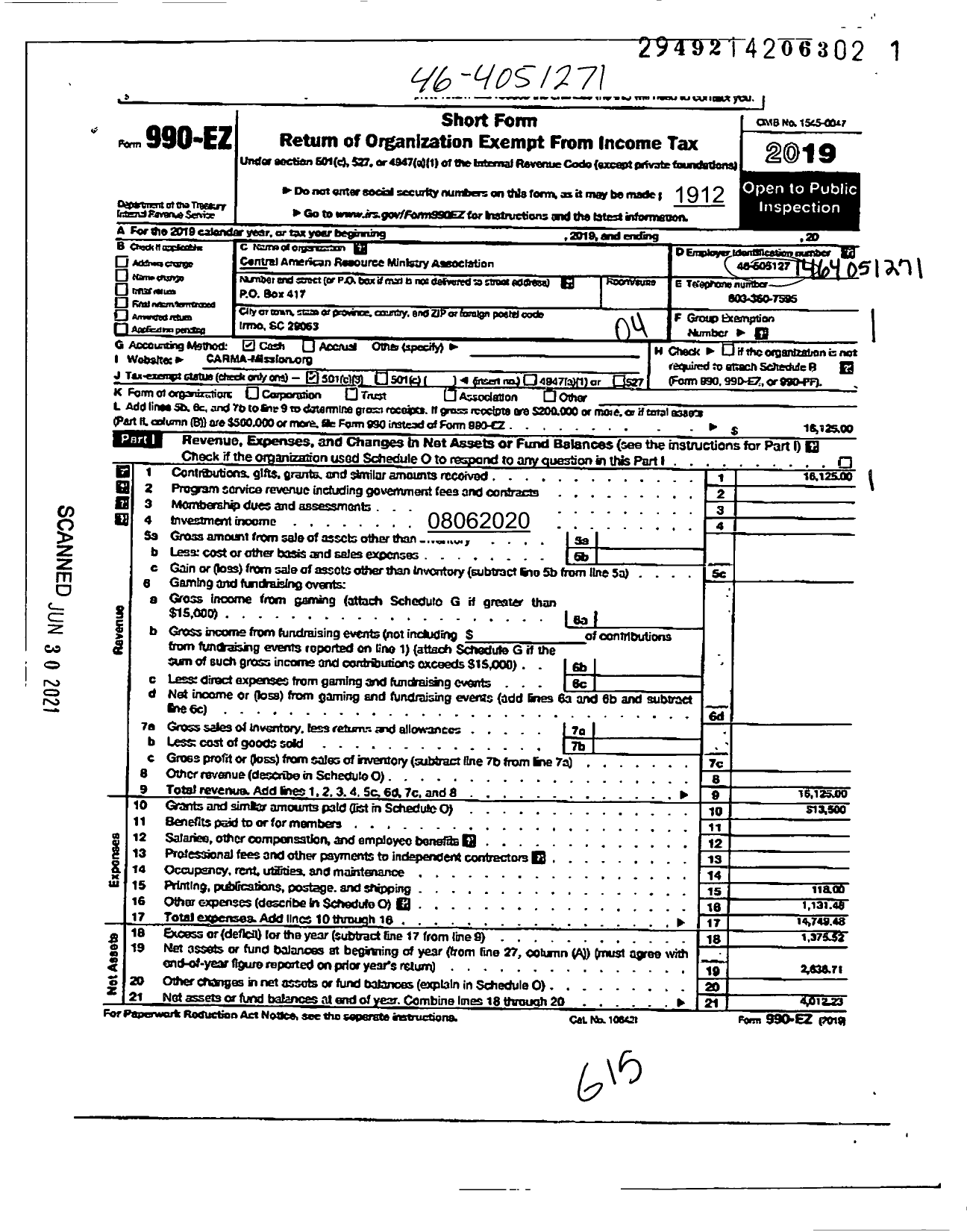 Image of first page of 2019 Form 990EO for Central American Resource Ministry Association