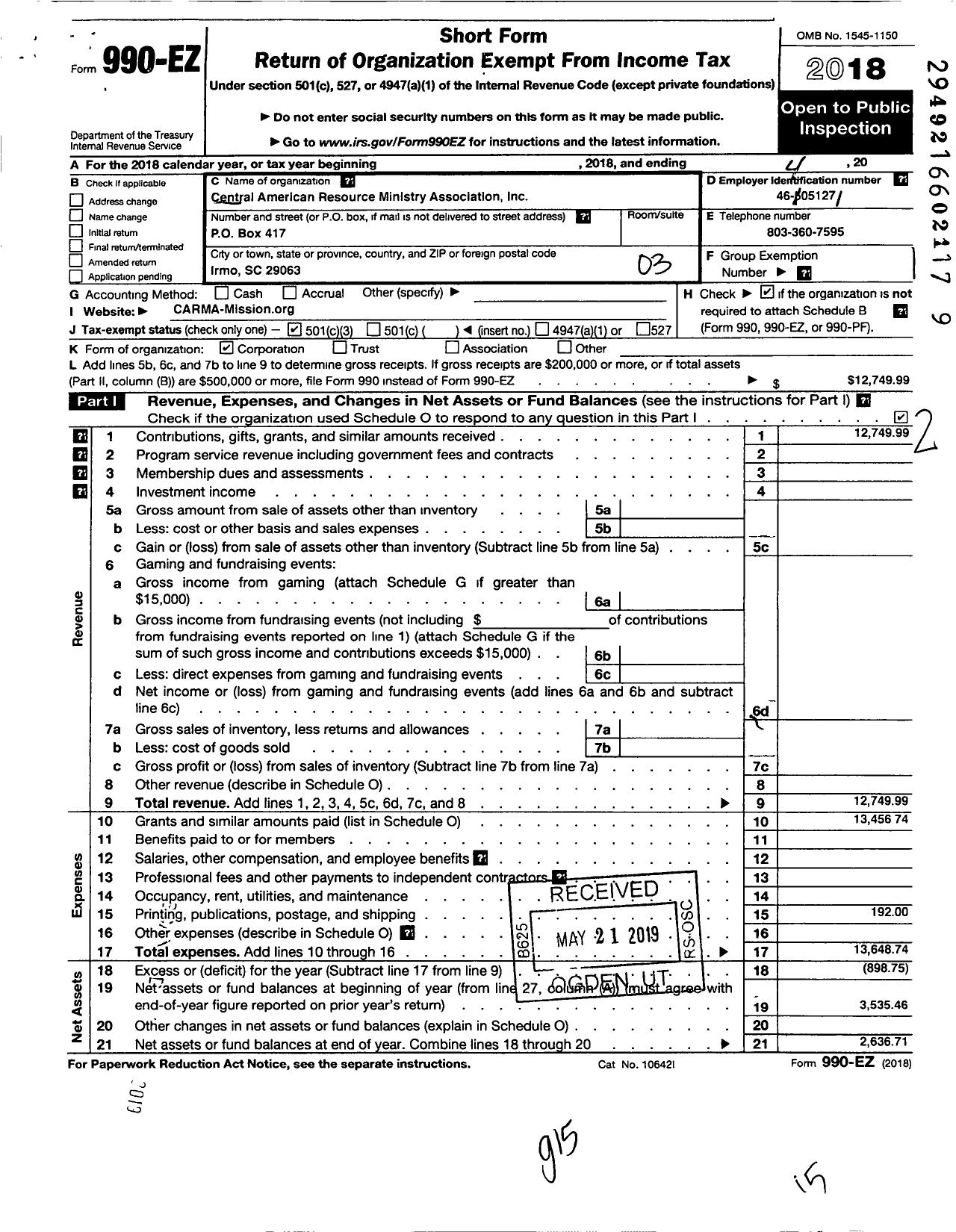 Image of first page of 2018 Form 990EZ for Central American Resource Ministry Association