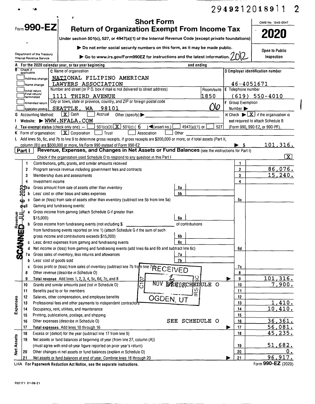 Image of first page of 2020 Form 990EO for National Filipino American Lawyers Association