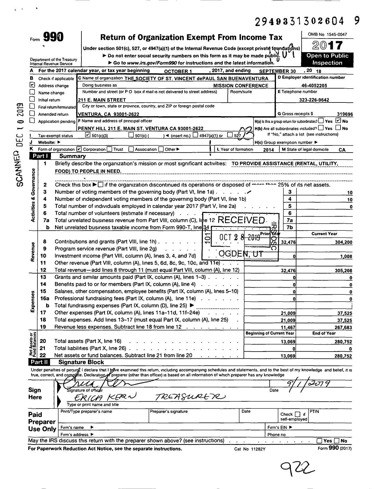 Image of first page of 2017 Form 990 for The Society of Saint Vincent de Paul San Buenaventura